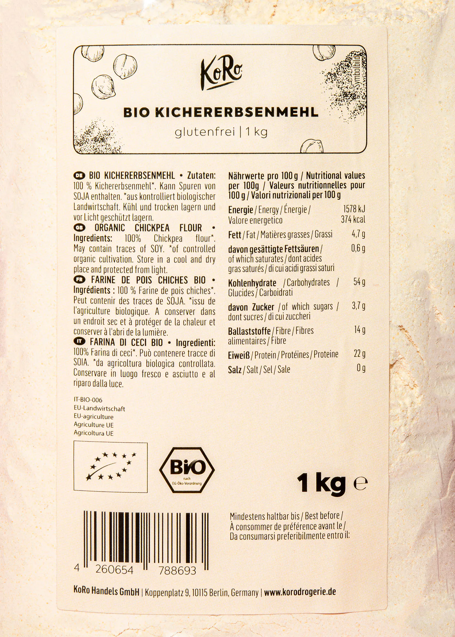l' étiquette d' un kilogramme de farine de pois chiches bio
