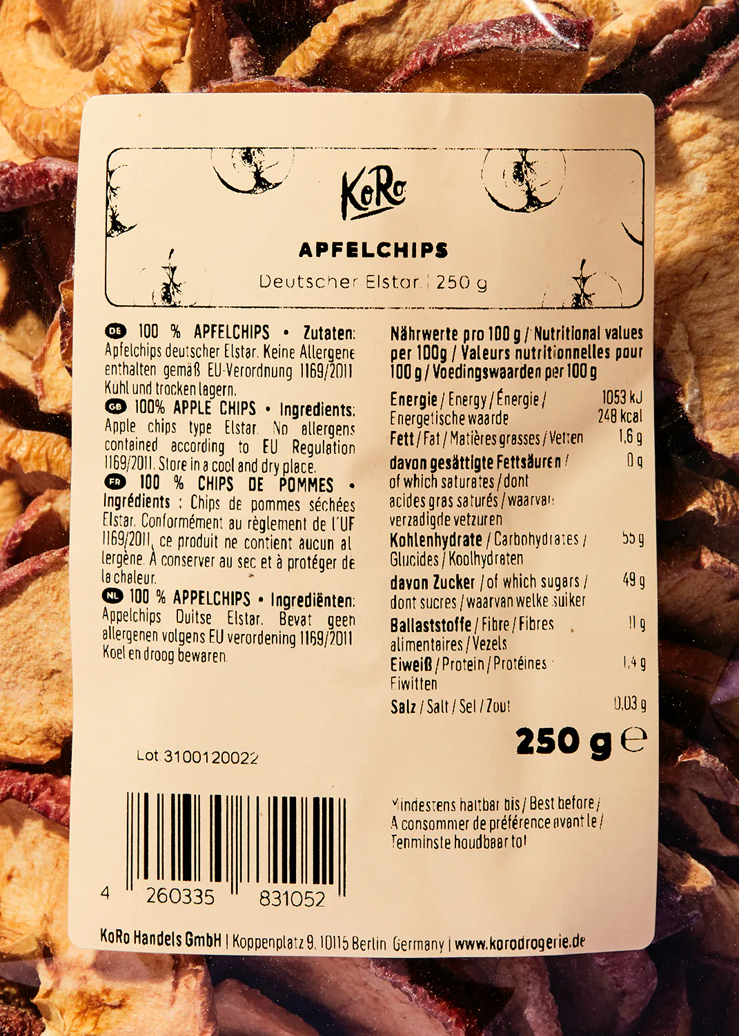 the back of a package of apple chips shows the ingredients