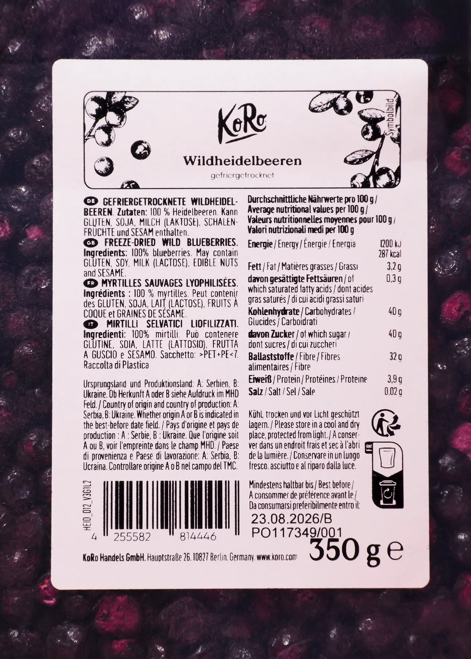 Freeze-dried wild blueberries 350g