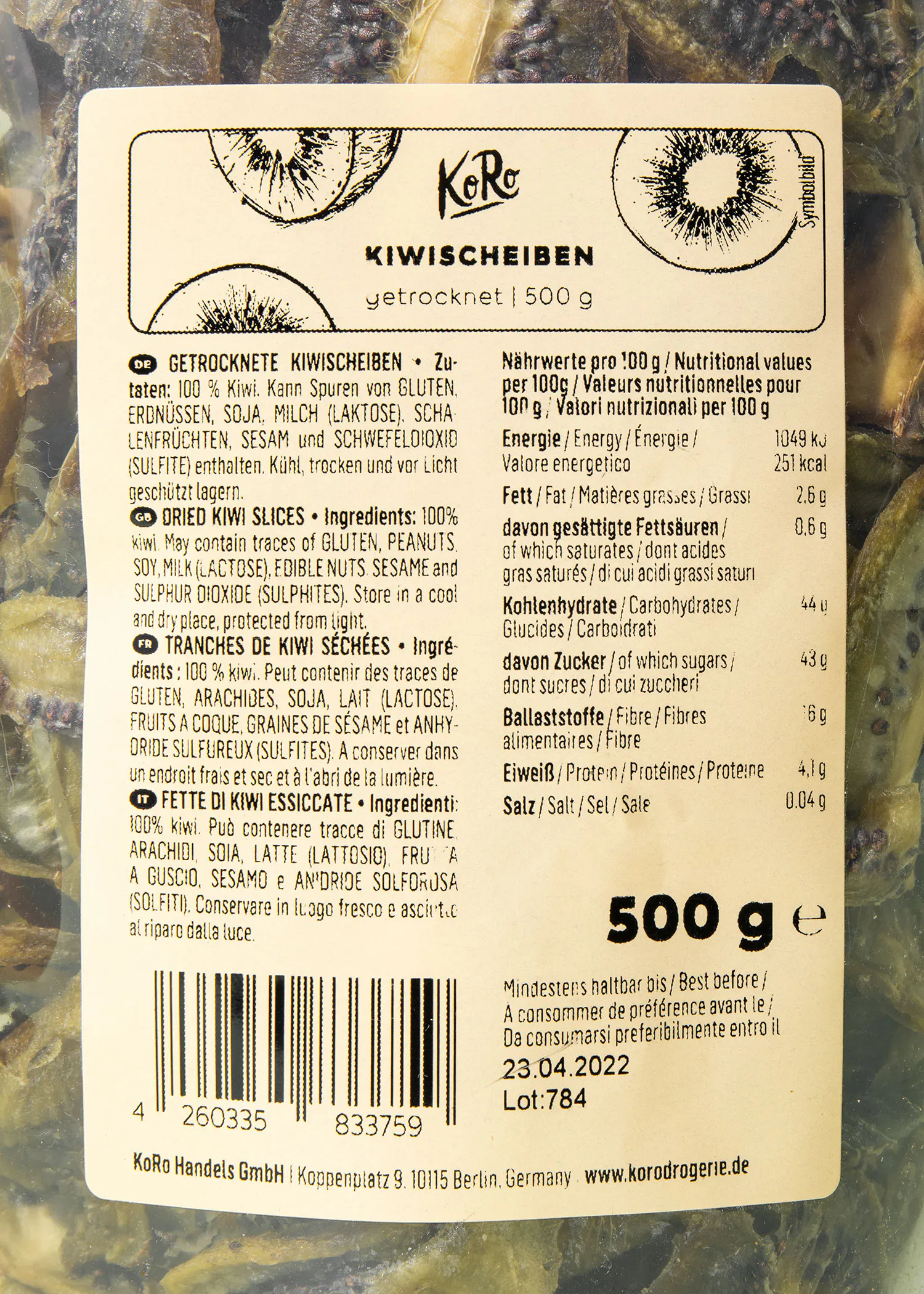 the back of a 500 g kiwi slices package