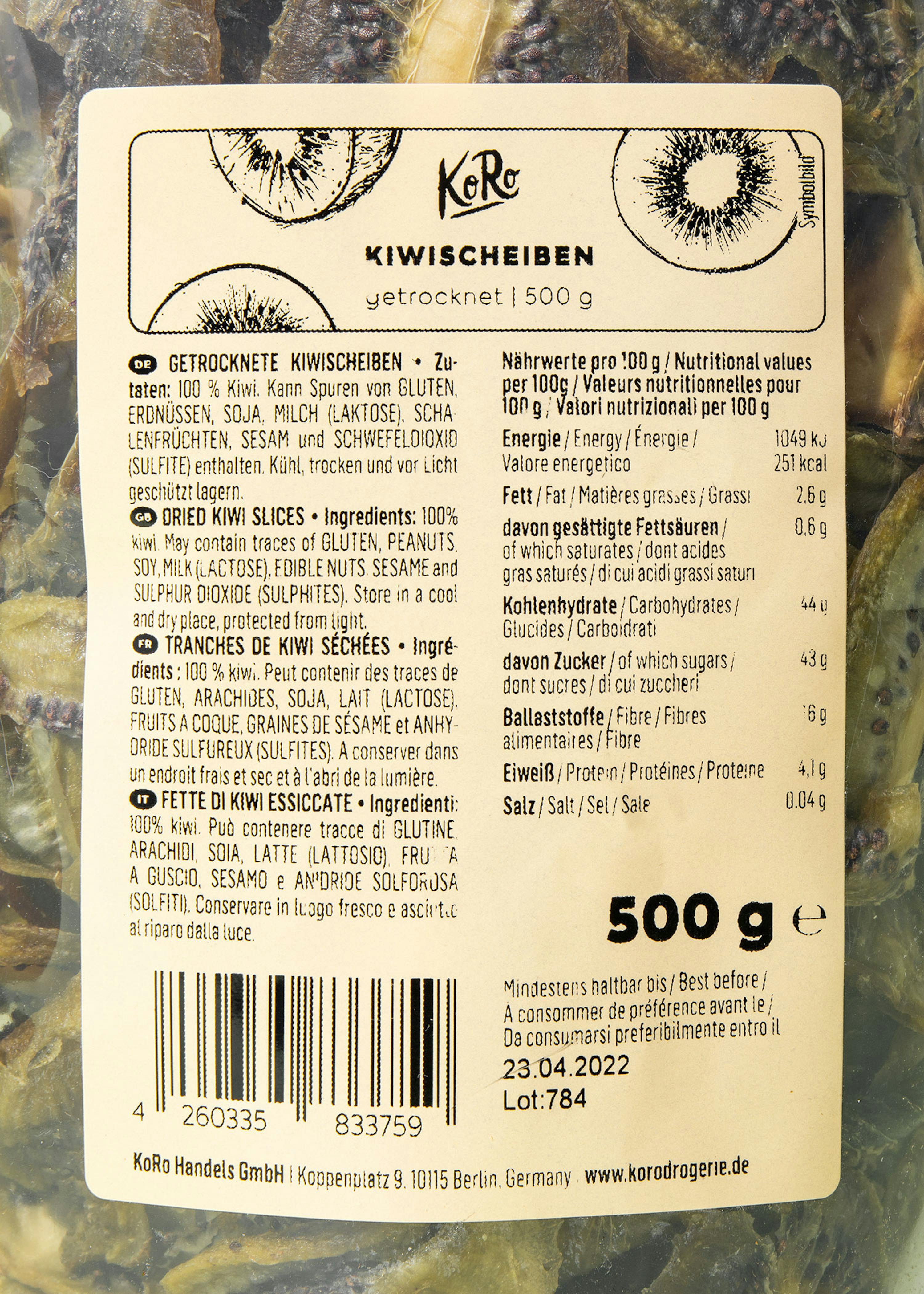 the back of a 500 g kiwi slices package