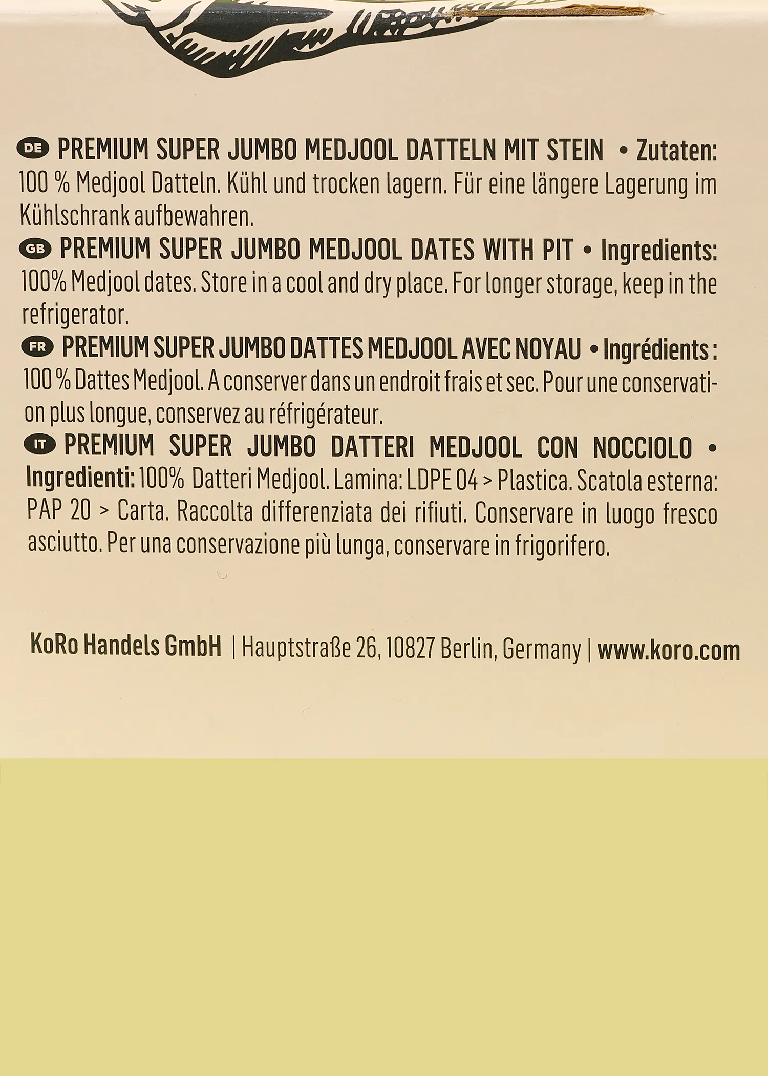 die Rückseite einer Schachtel Premium Super jumbo medjool datteln mit Stein