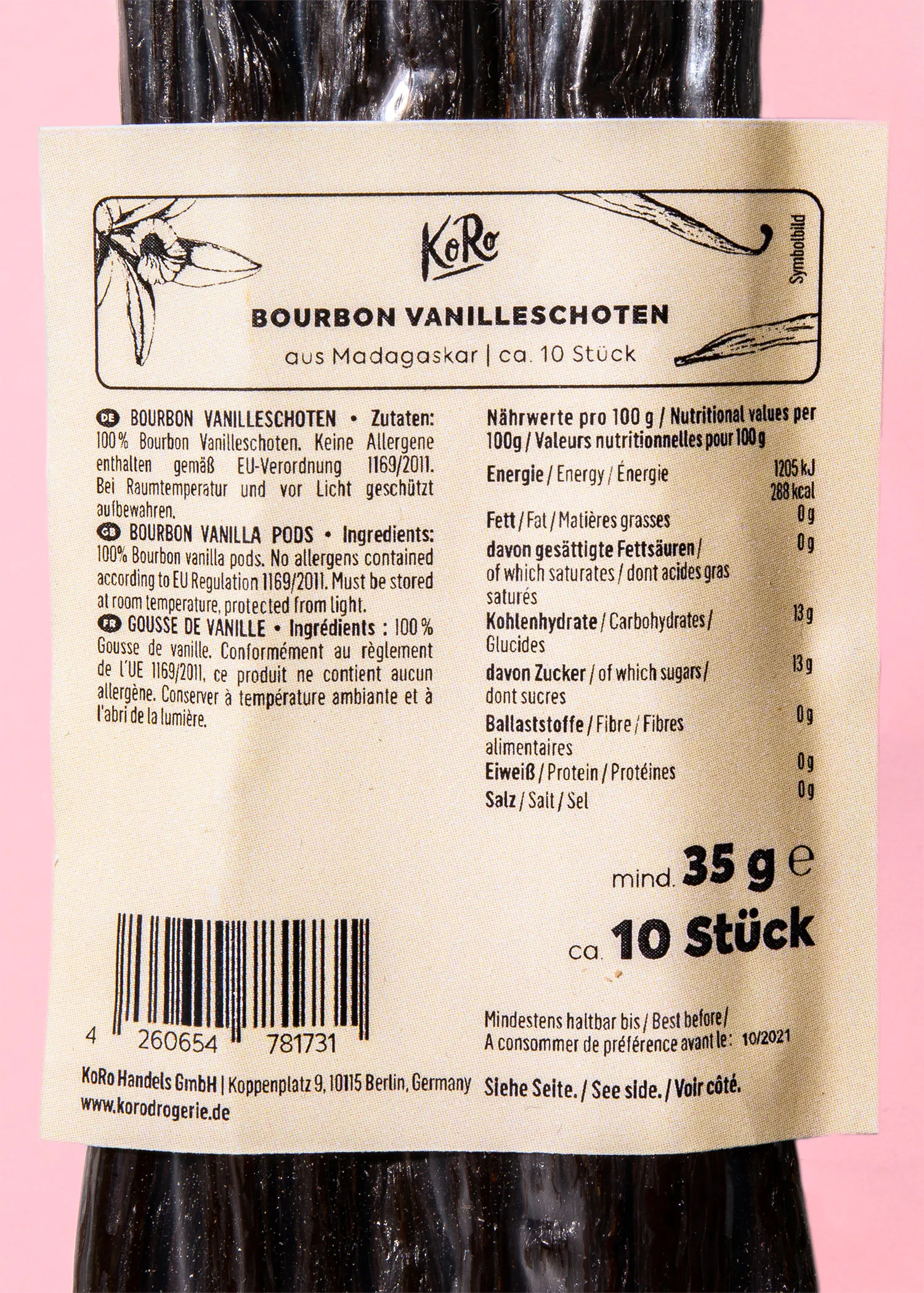 die Rückseite einer Flasche bourbon-vanilleschoten aus madagaskar