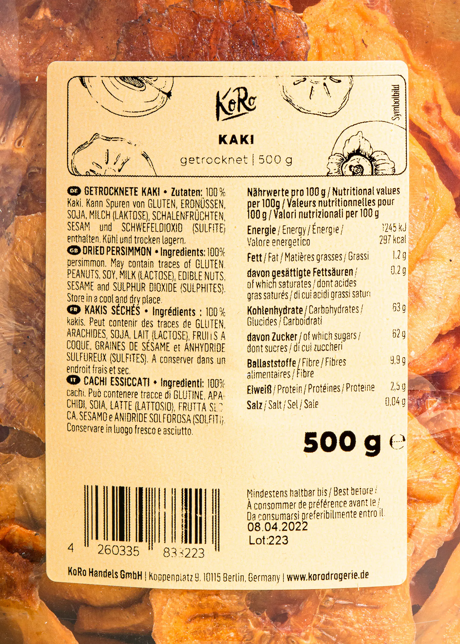 the back of a 500 g package of kaki
