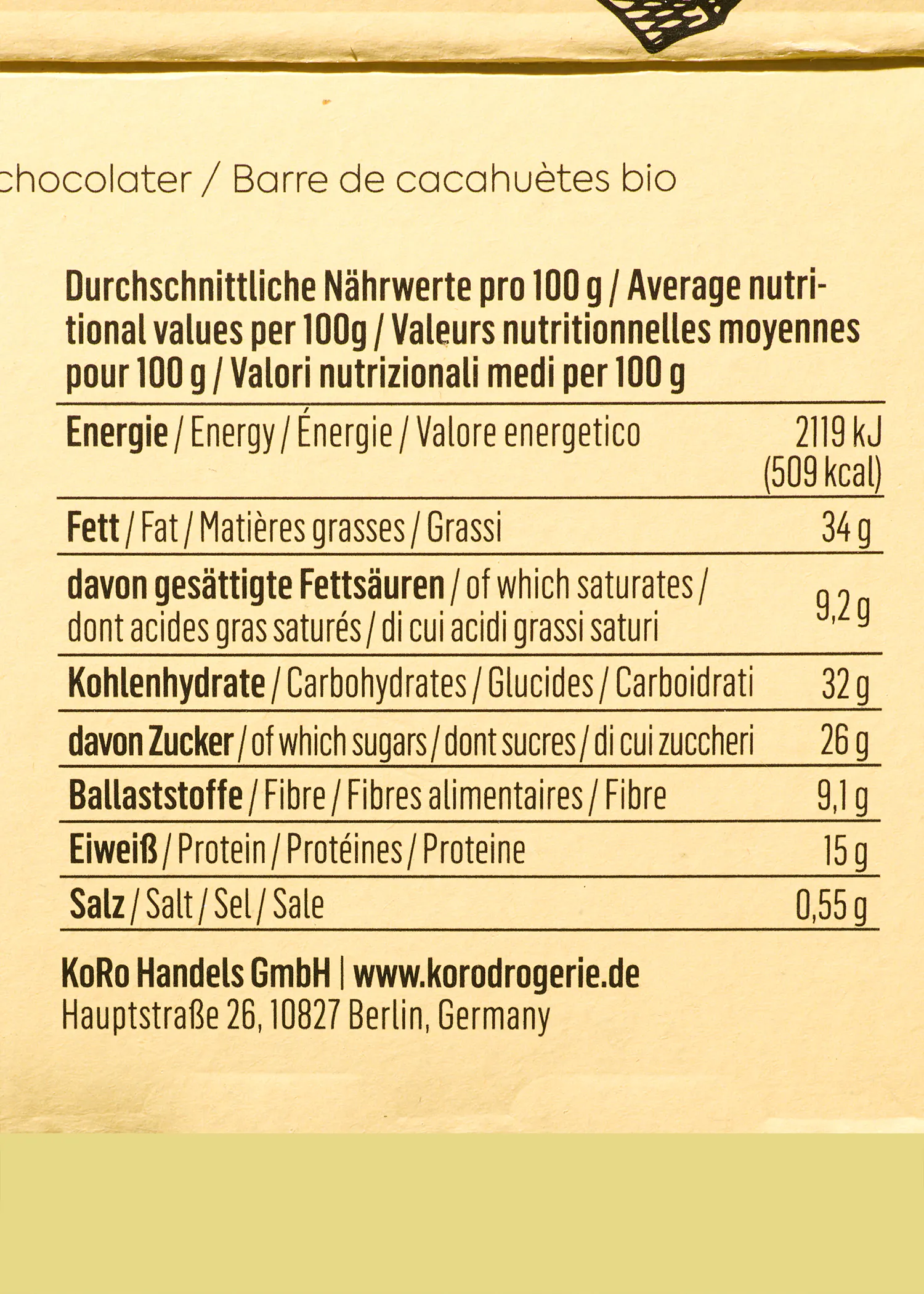 eine Schokolader-Bar mit einer Nährwerttabelle darauf