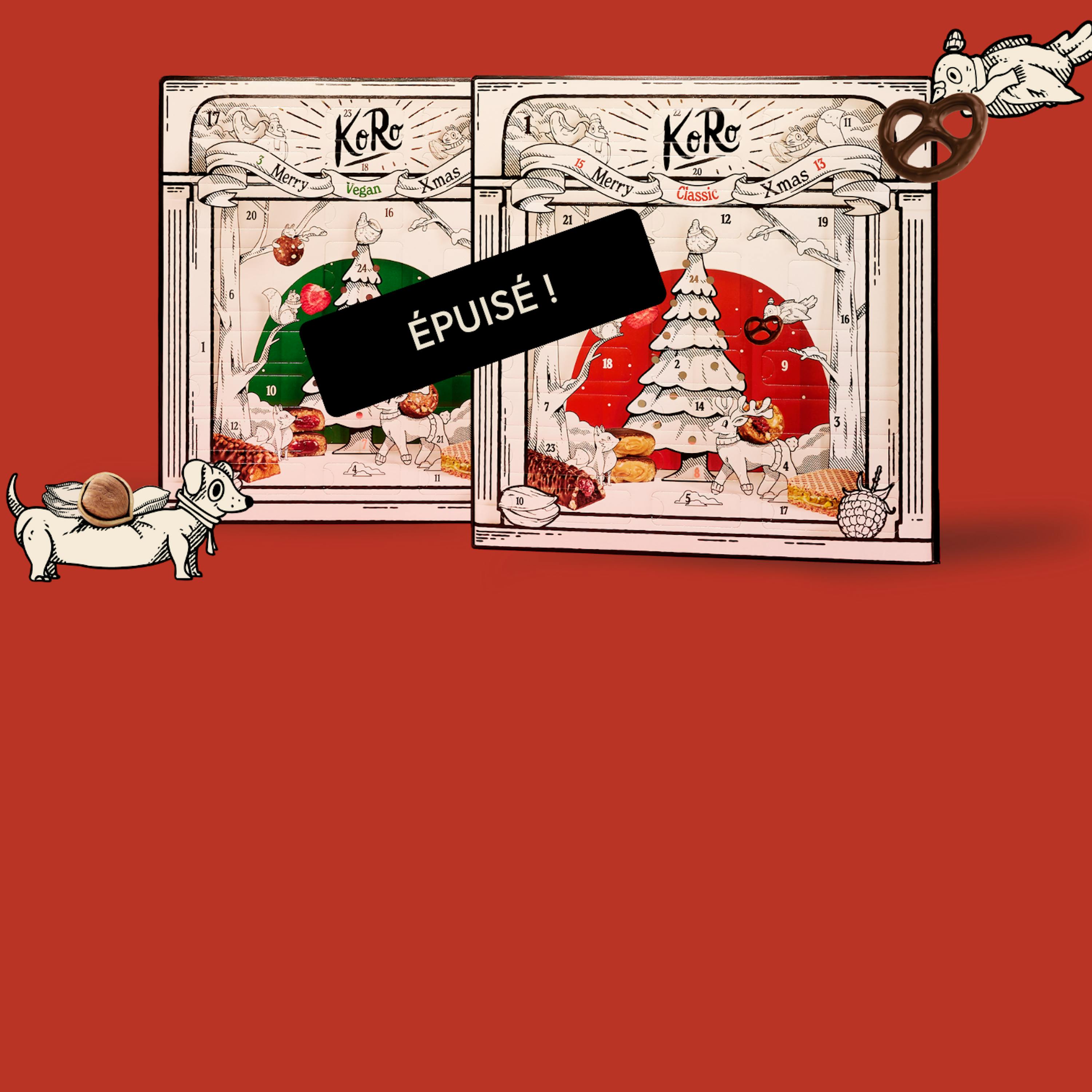 deux calendriers de l'avent koro sont présentés sur un fond rouge, l'un végétalien affichant "épuisé !" et l'autre classique, tous deux décorés de motifs de noël et d'animaux de dessin animé.