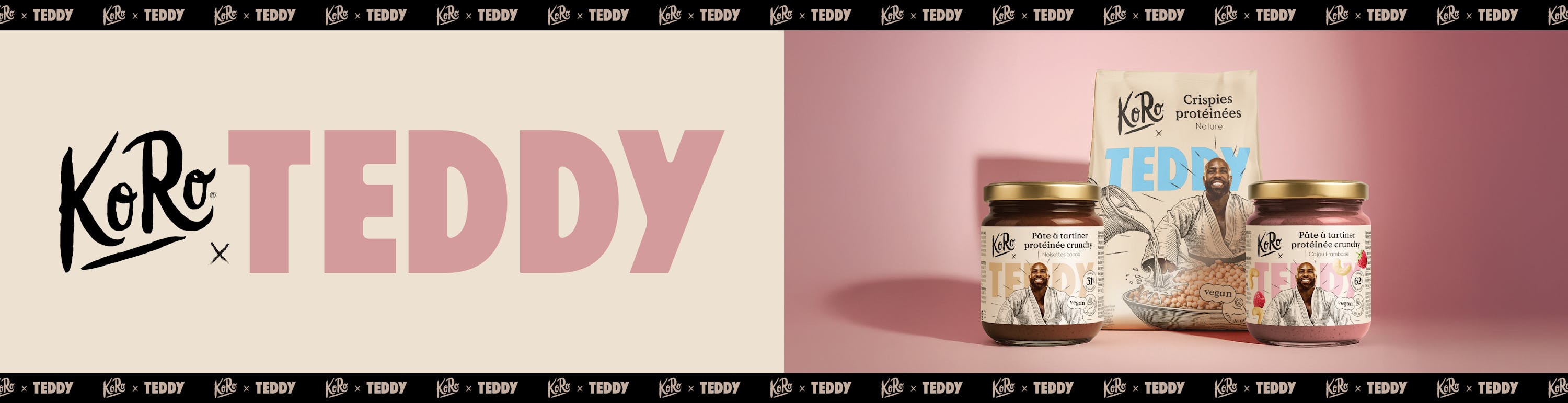 une publicité pour la collaboration koro x teddy, affichant le logo sur un fond clair et des produits protéinés, dont des pâtes à tartiner et des crispies, avec l'image de teddy riner sur un fond rose.