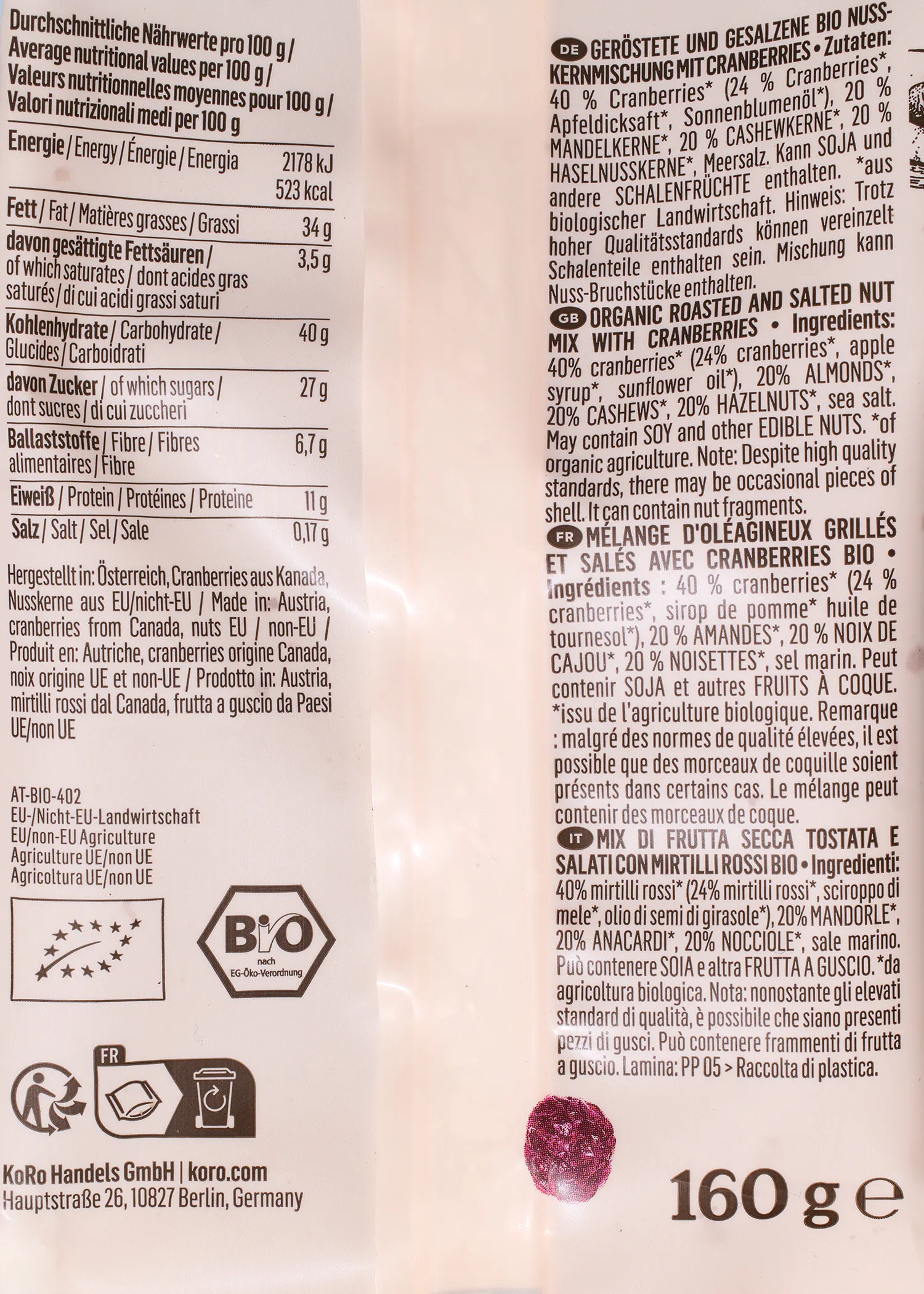 Mix de frutos secos con arándanos rojos y almendras 160 g