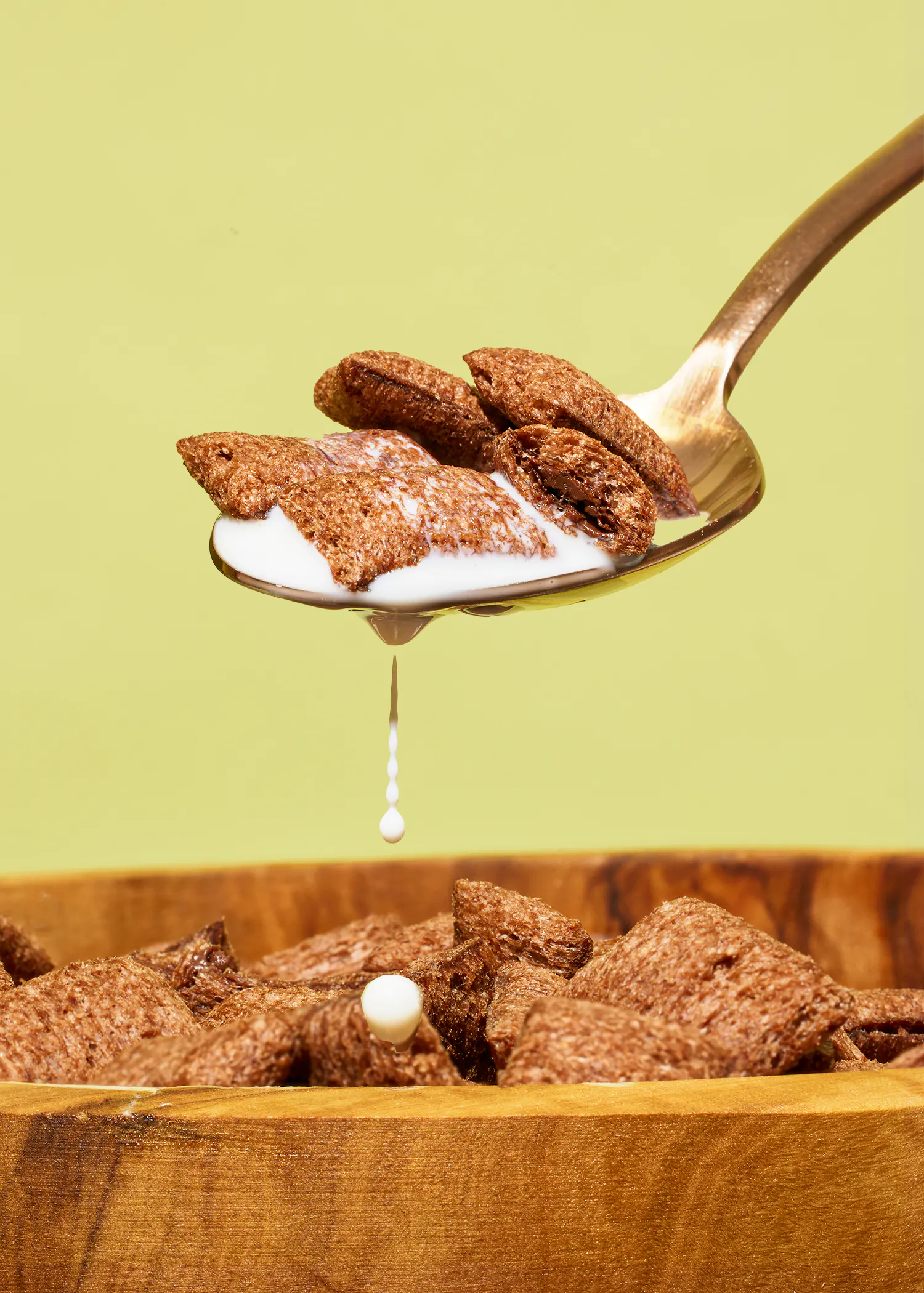 ein Löffel mit Schokoladenflocken und Milch in einer Schüssel