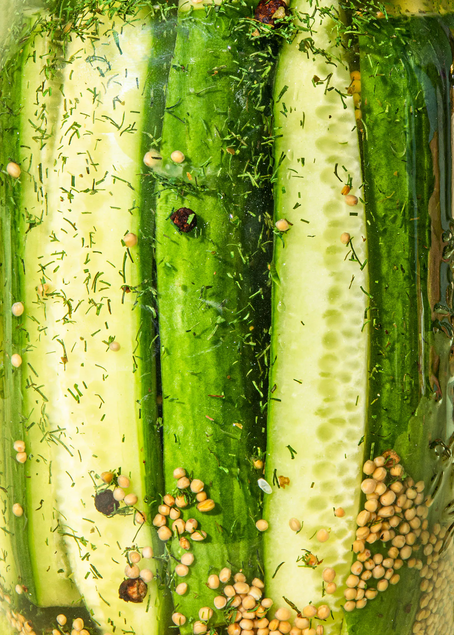 un gros plan d' un bocal rempli de concombres marinés