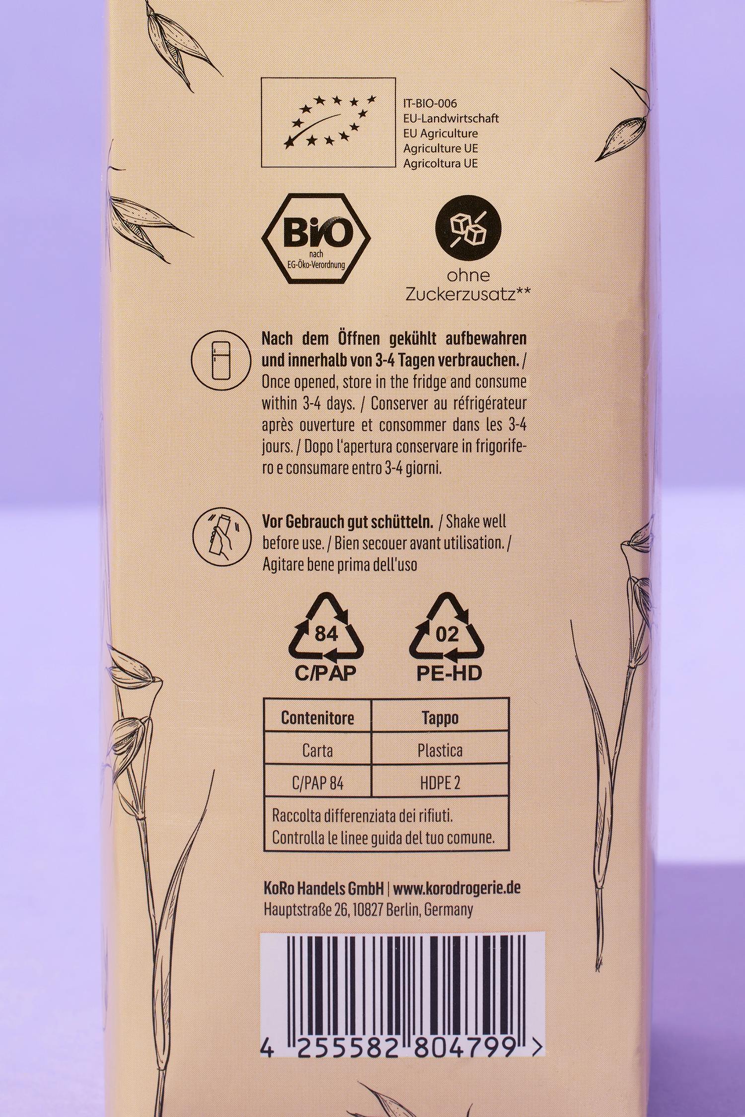 l' arrière d' une boîte de produits bio avec un code à barres 4 255588804799