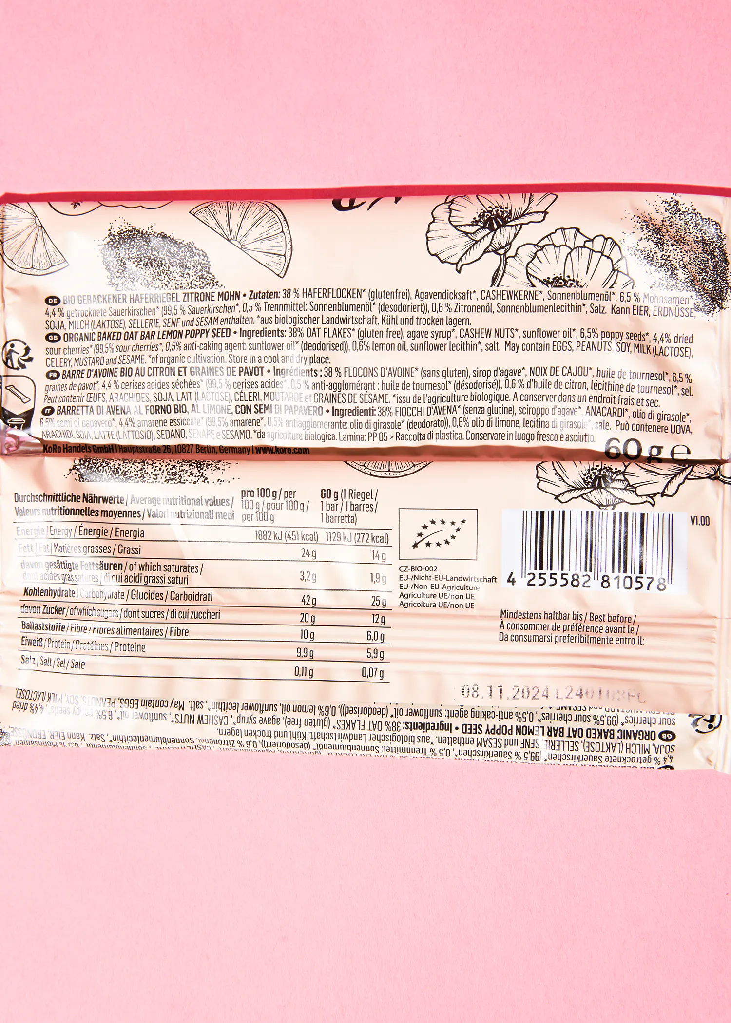 l' arrière d' une barre de chocolat avec des graines de pavot