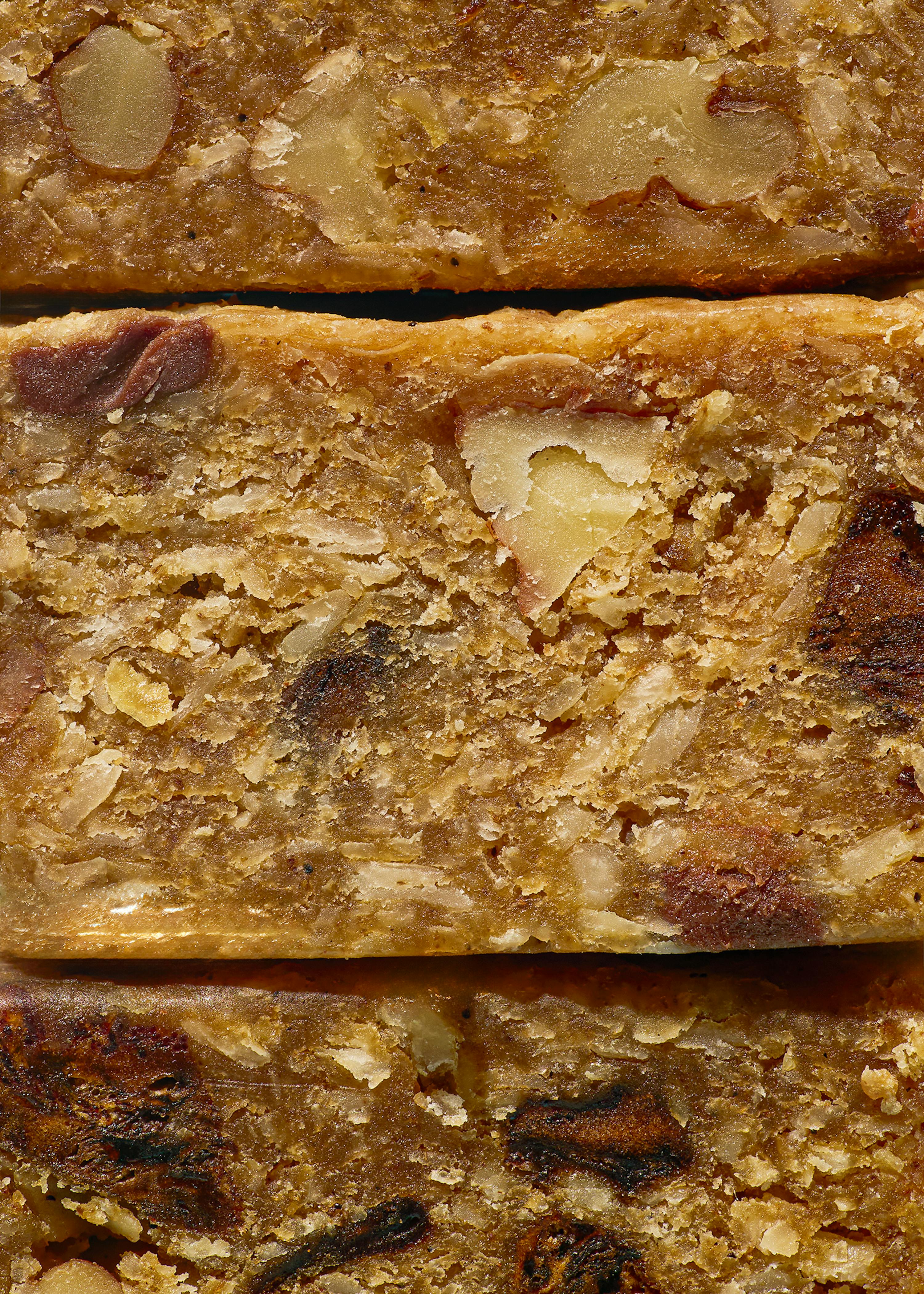 three pieces of bread are stacked on top of each other