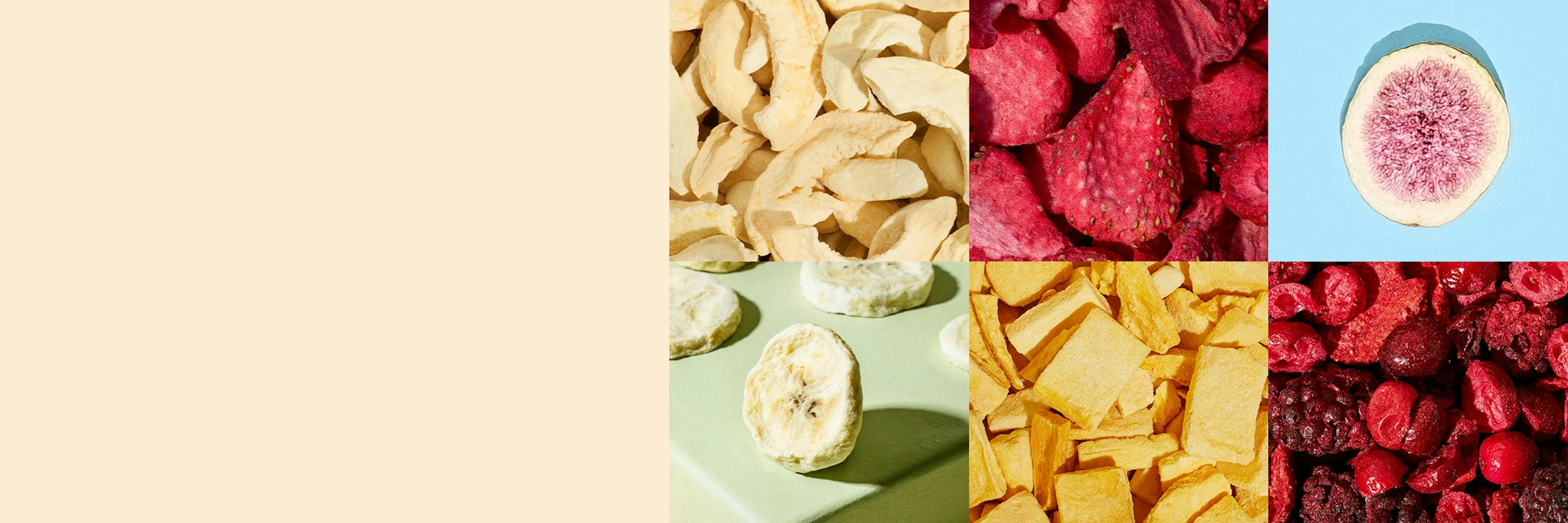 a collage of various dried fruits, including apple slices, strawberries, banana slices, mango chunks, mixed berries, and a fig cross-section.