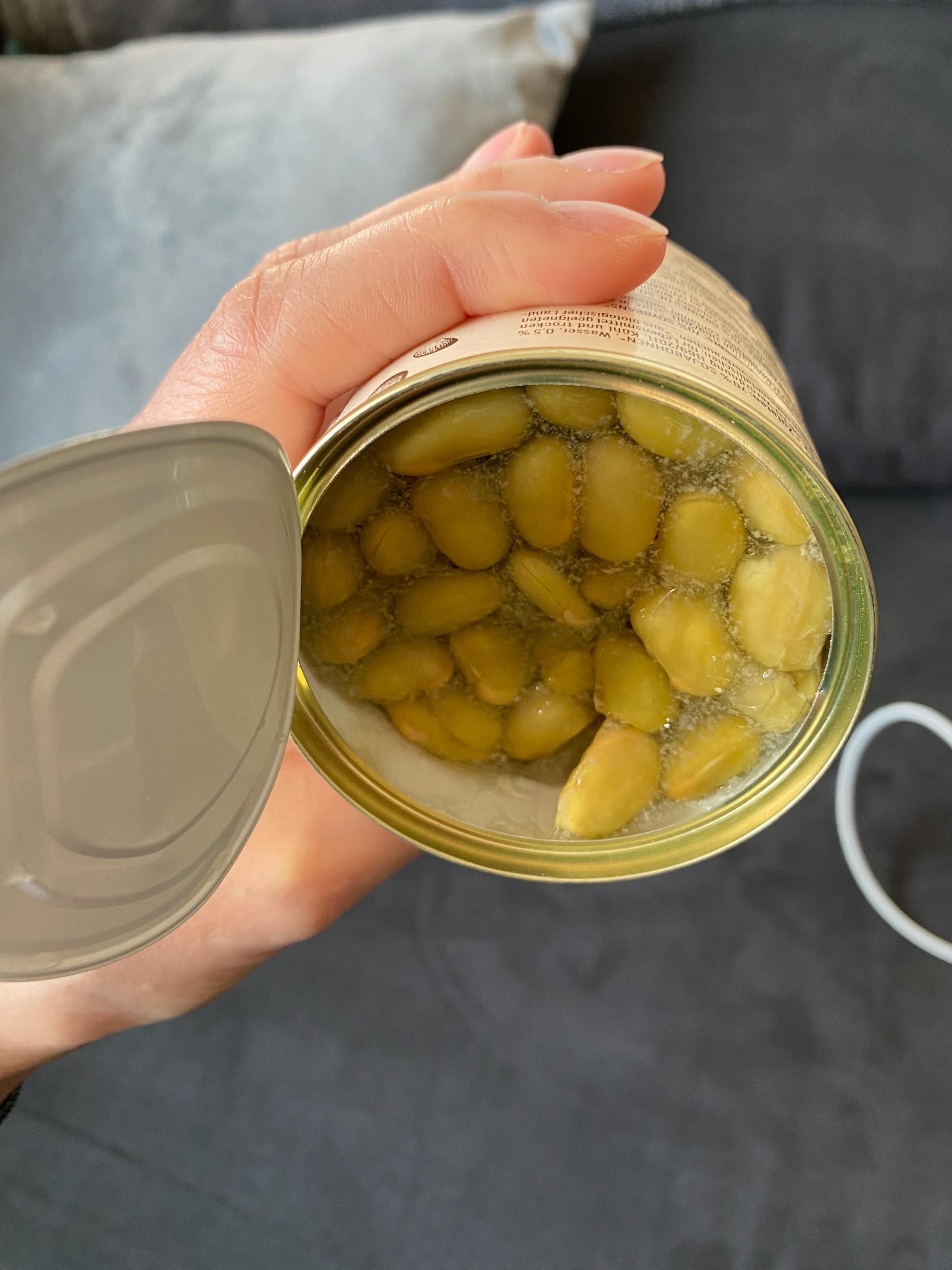 eine Person hält eine Dose Bohnen in der Hand