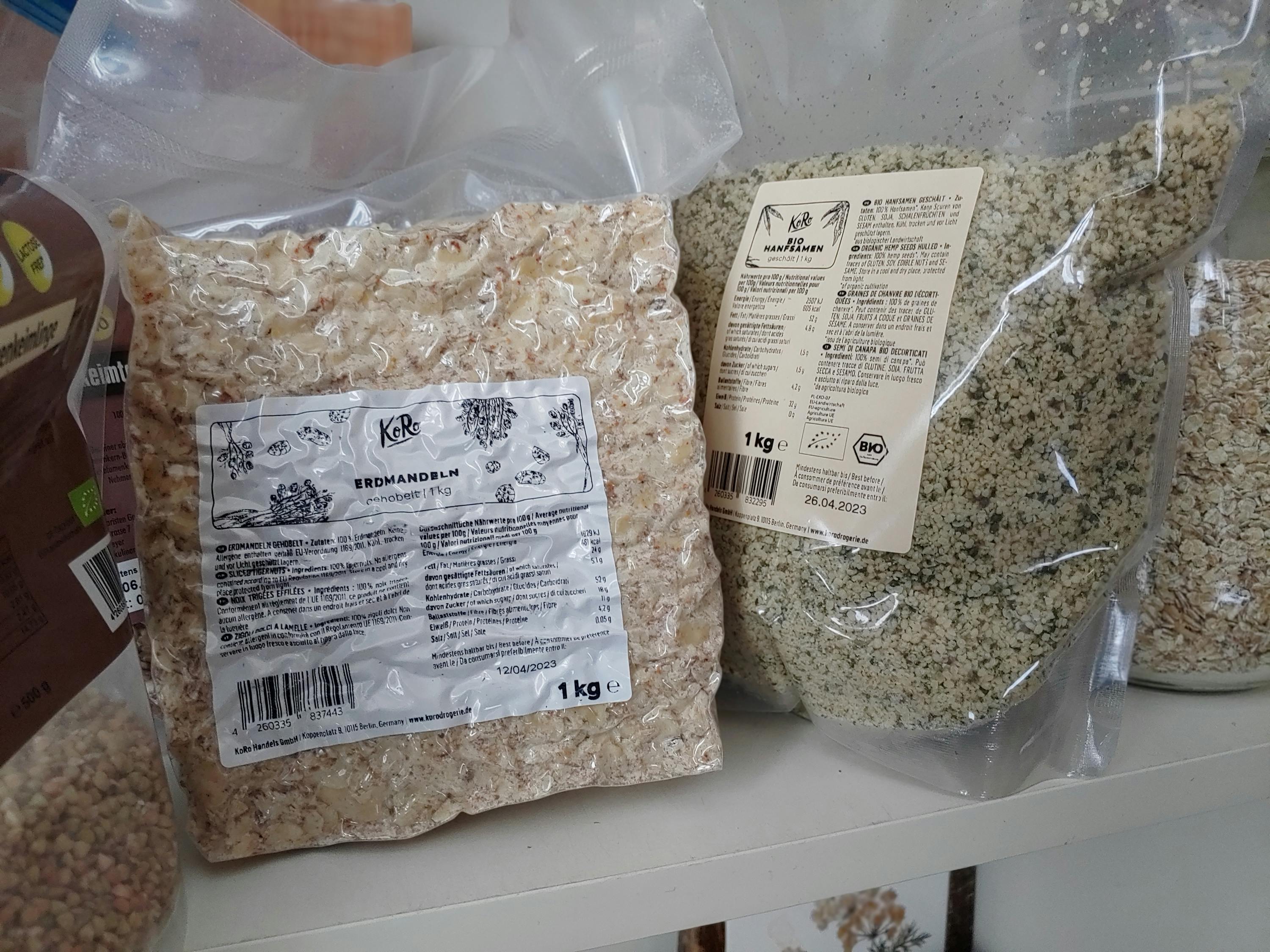 a bag of oatmeal and a bag of hemp seeds on a shelf