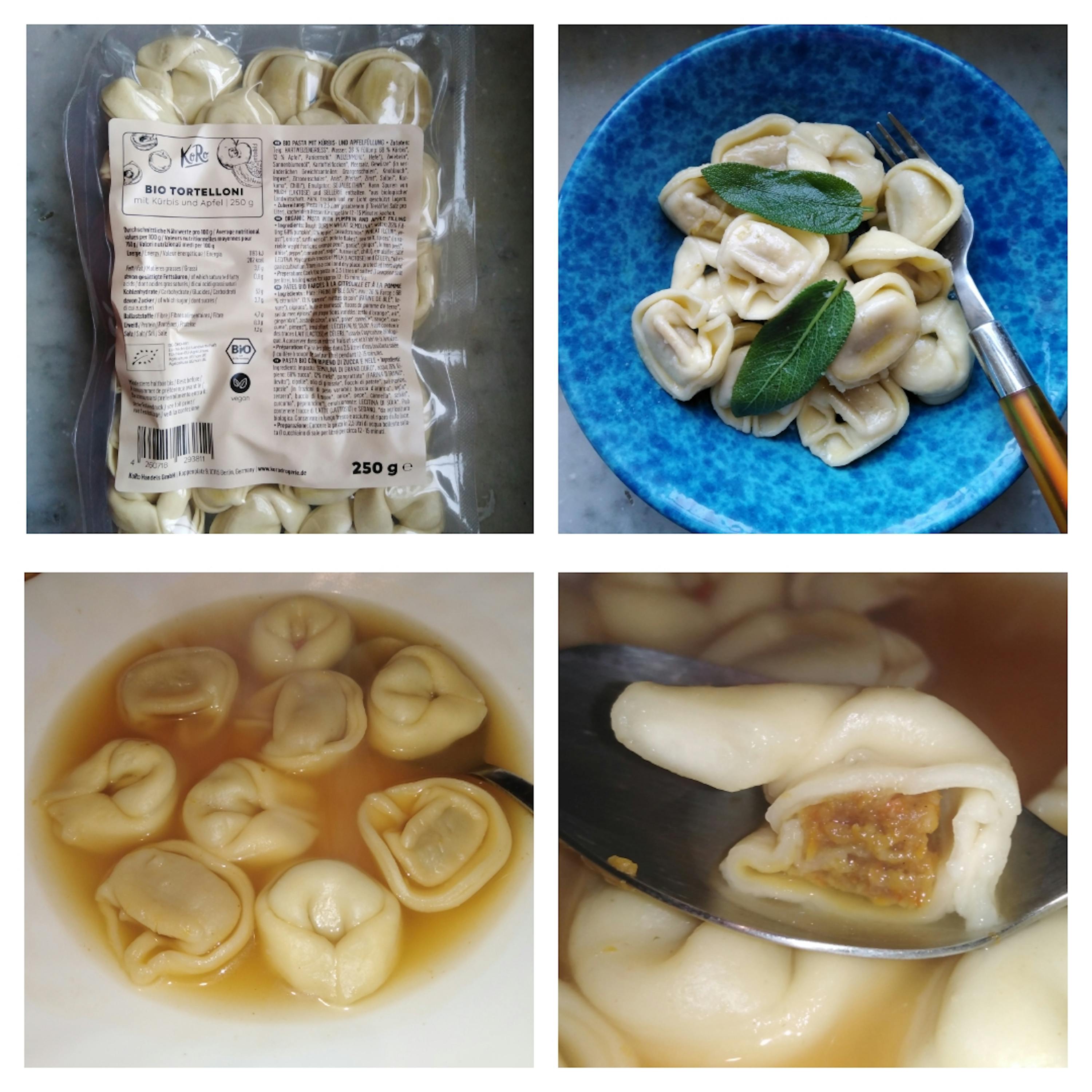 a bag of bio tortellini sits next to a bowl of soup