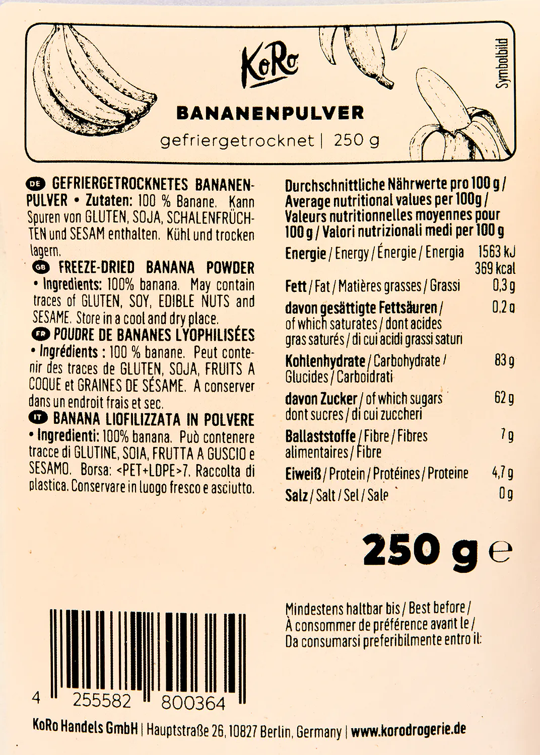 l' arrière d' une boîte de poudre de banane 250 g