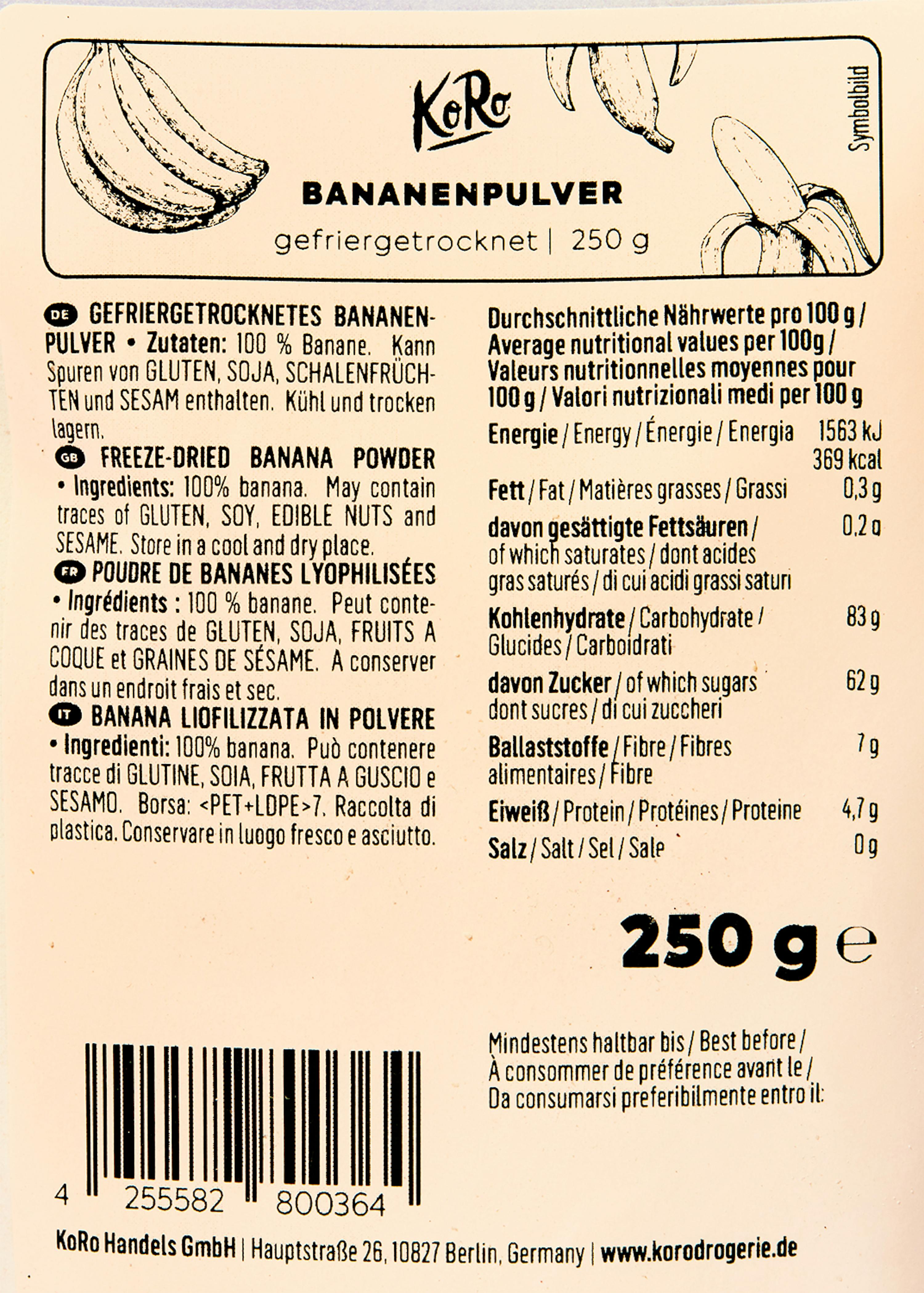 the back of a 250 g container of banana powder