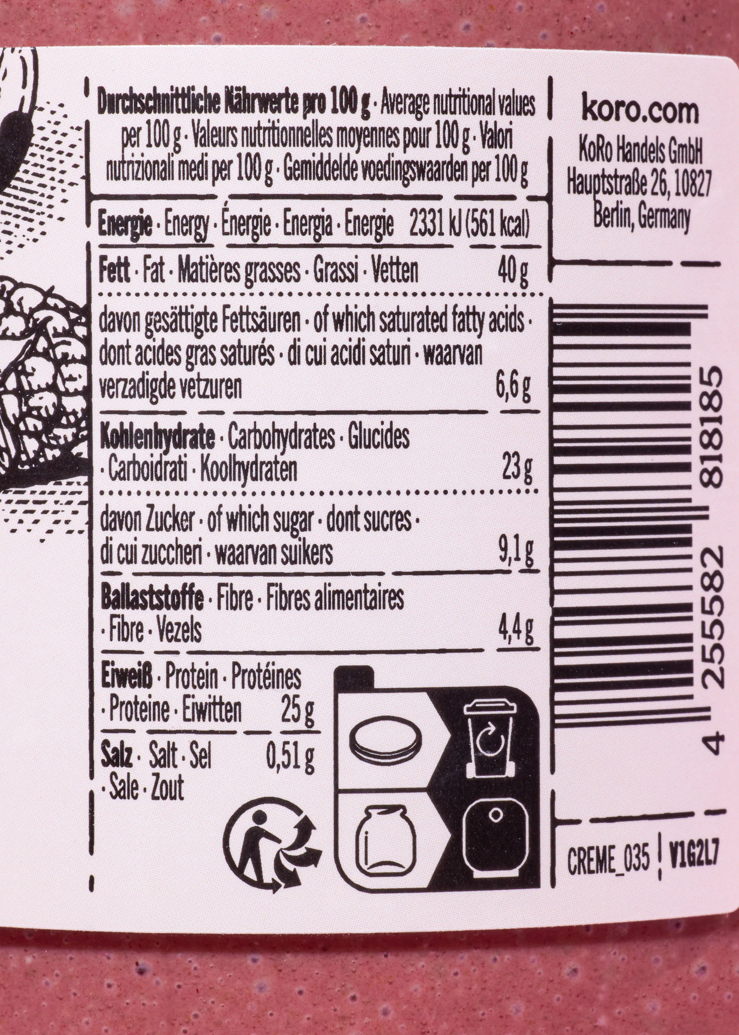Vegansk crunchy proteinkräm, cashew & hallon 6 x 500 g