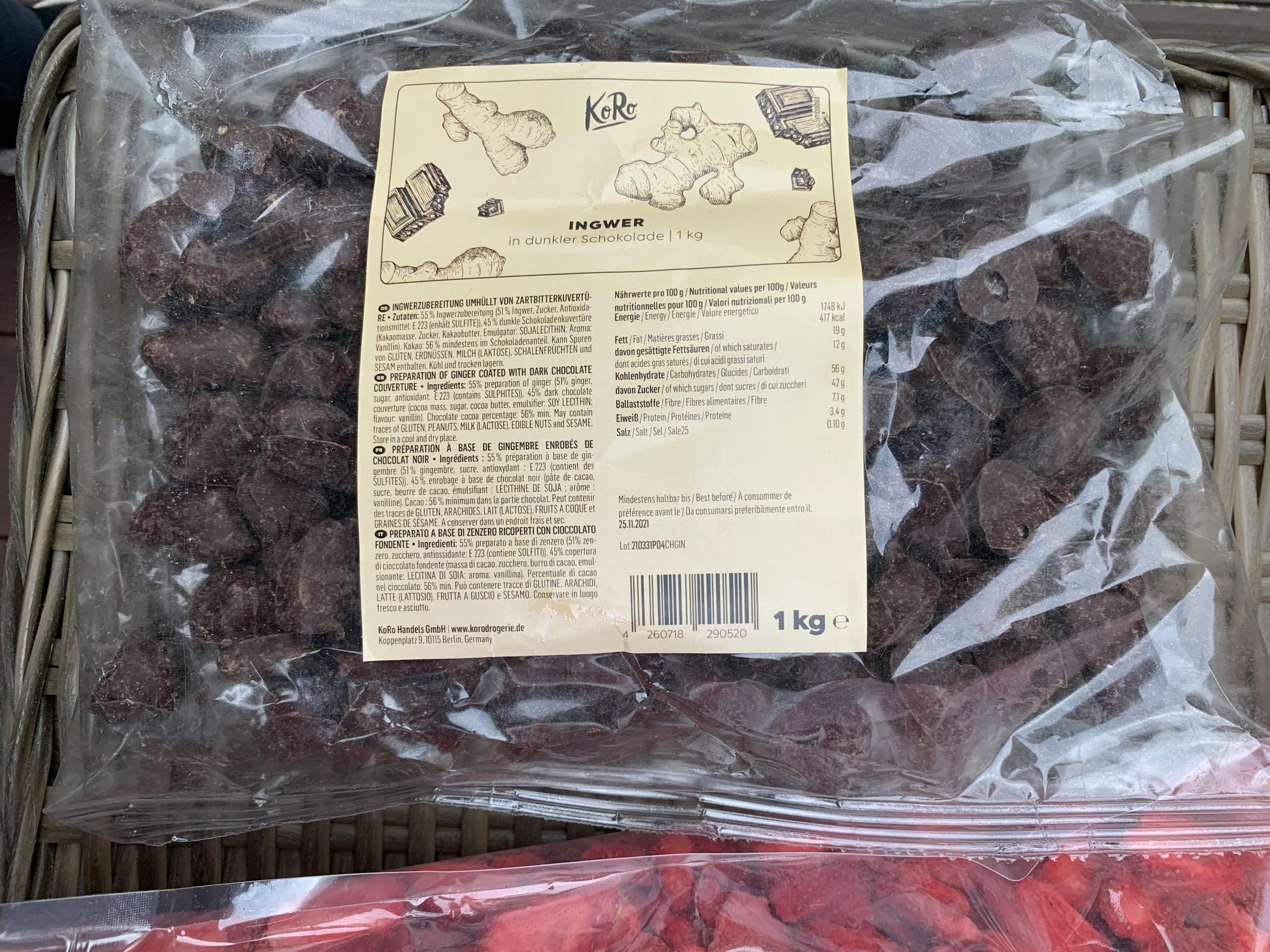 a bag of ginger sits on a wicker basket