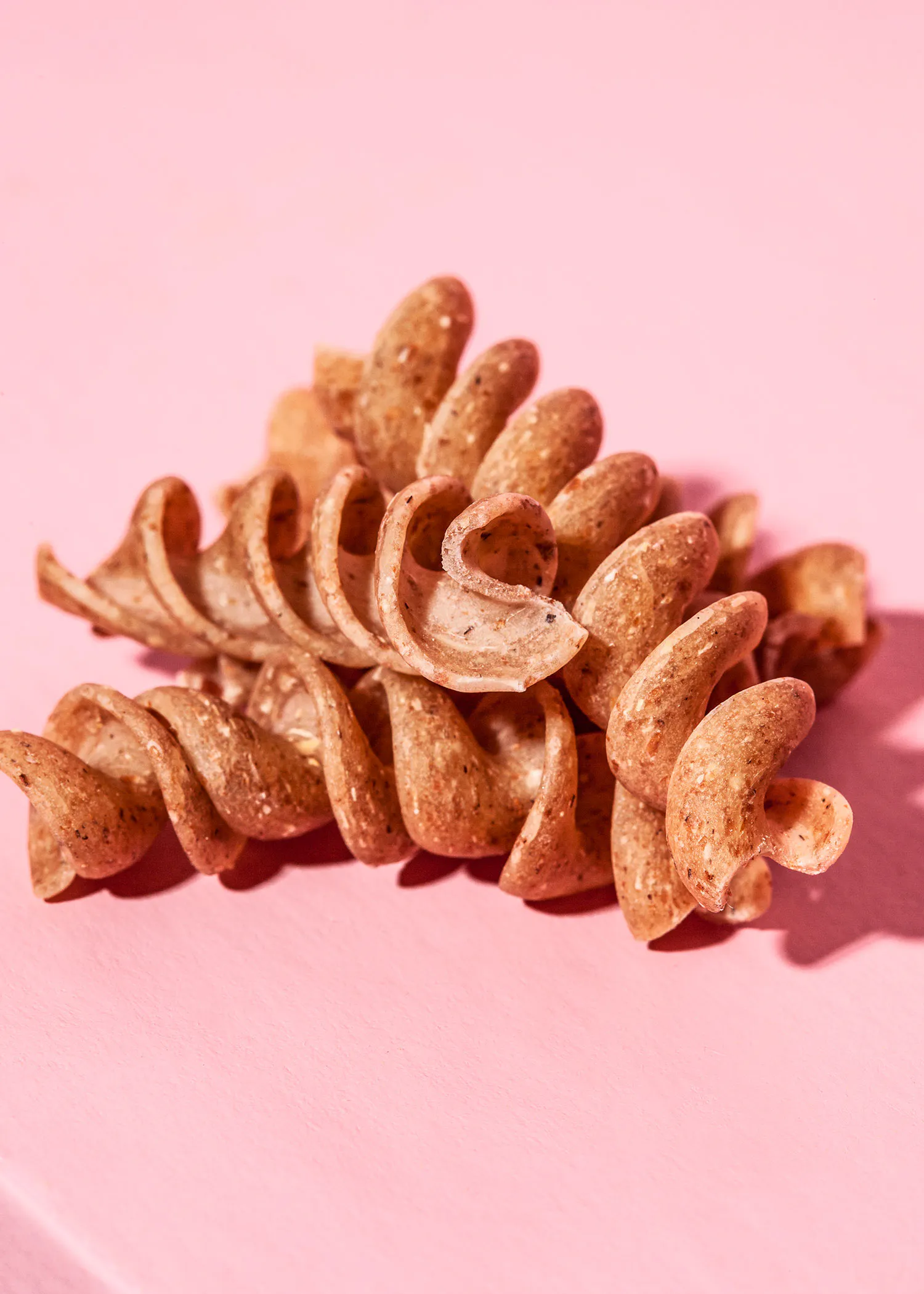 a close up of a spiral pasta on a pink surface