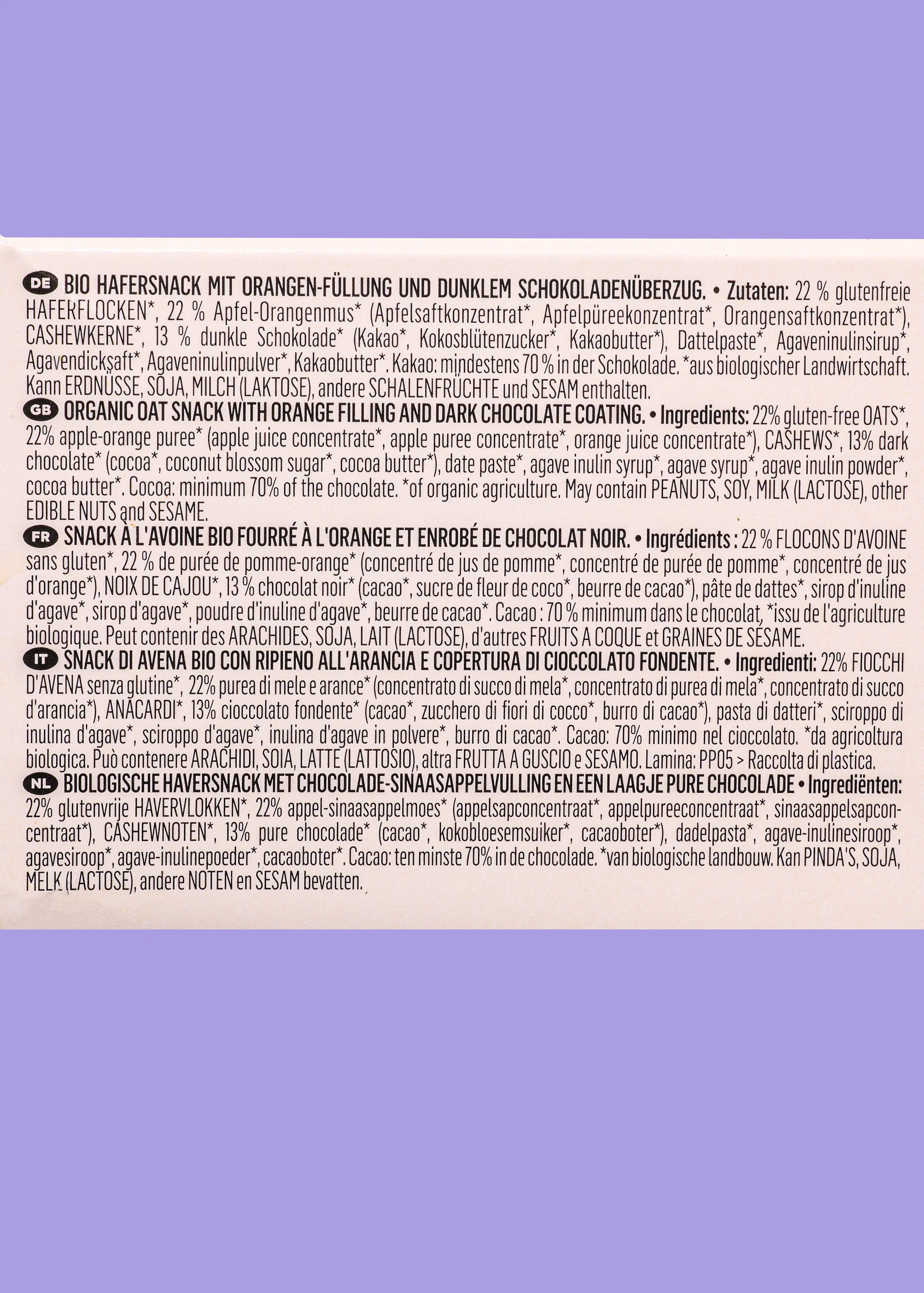 a product label with ingredients and descriptions for an organic oat snack with orange filling and dark chocolate coating, written in multiple languages.