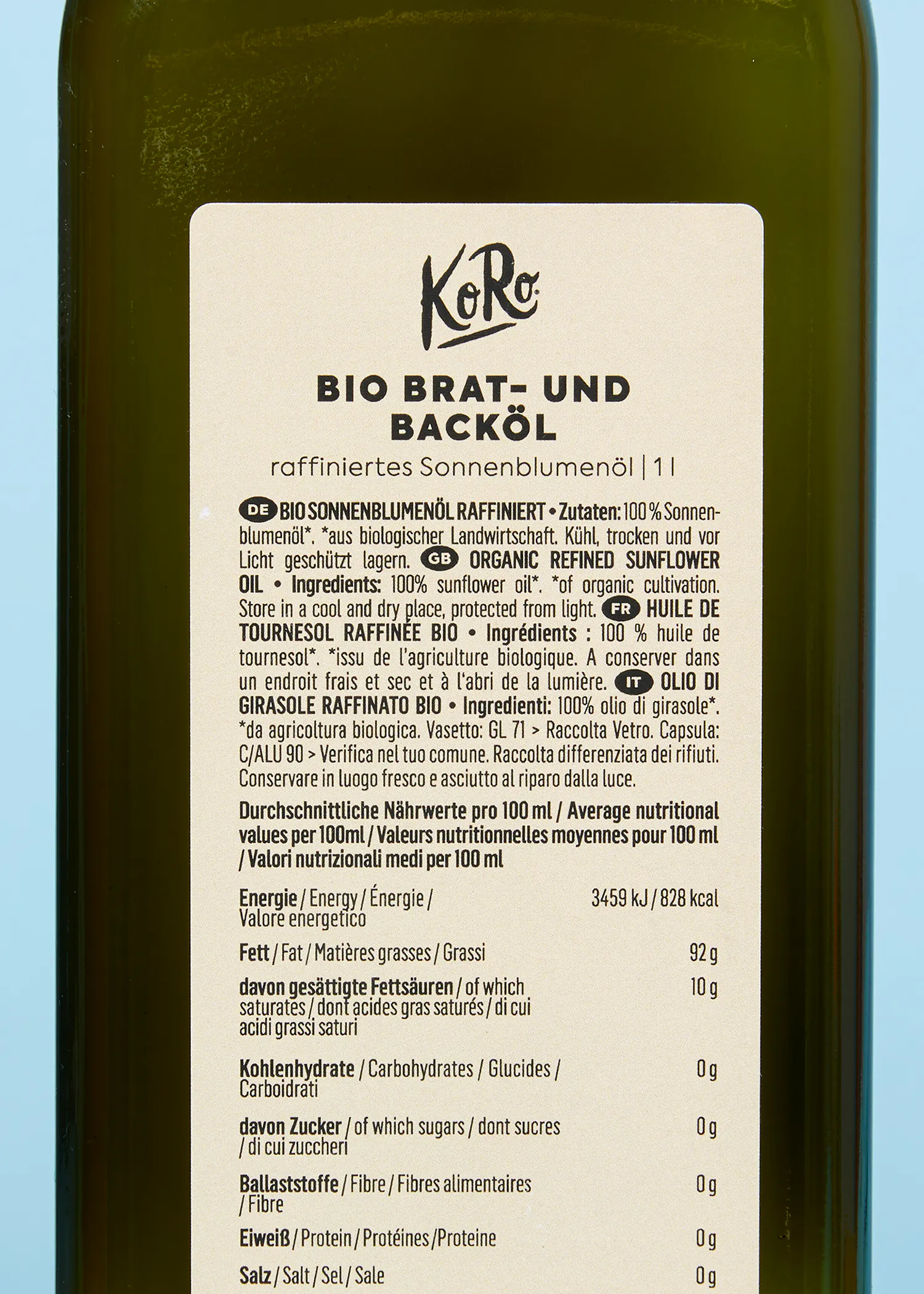 die Rückseite einer Flasche bio brat- und backol