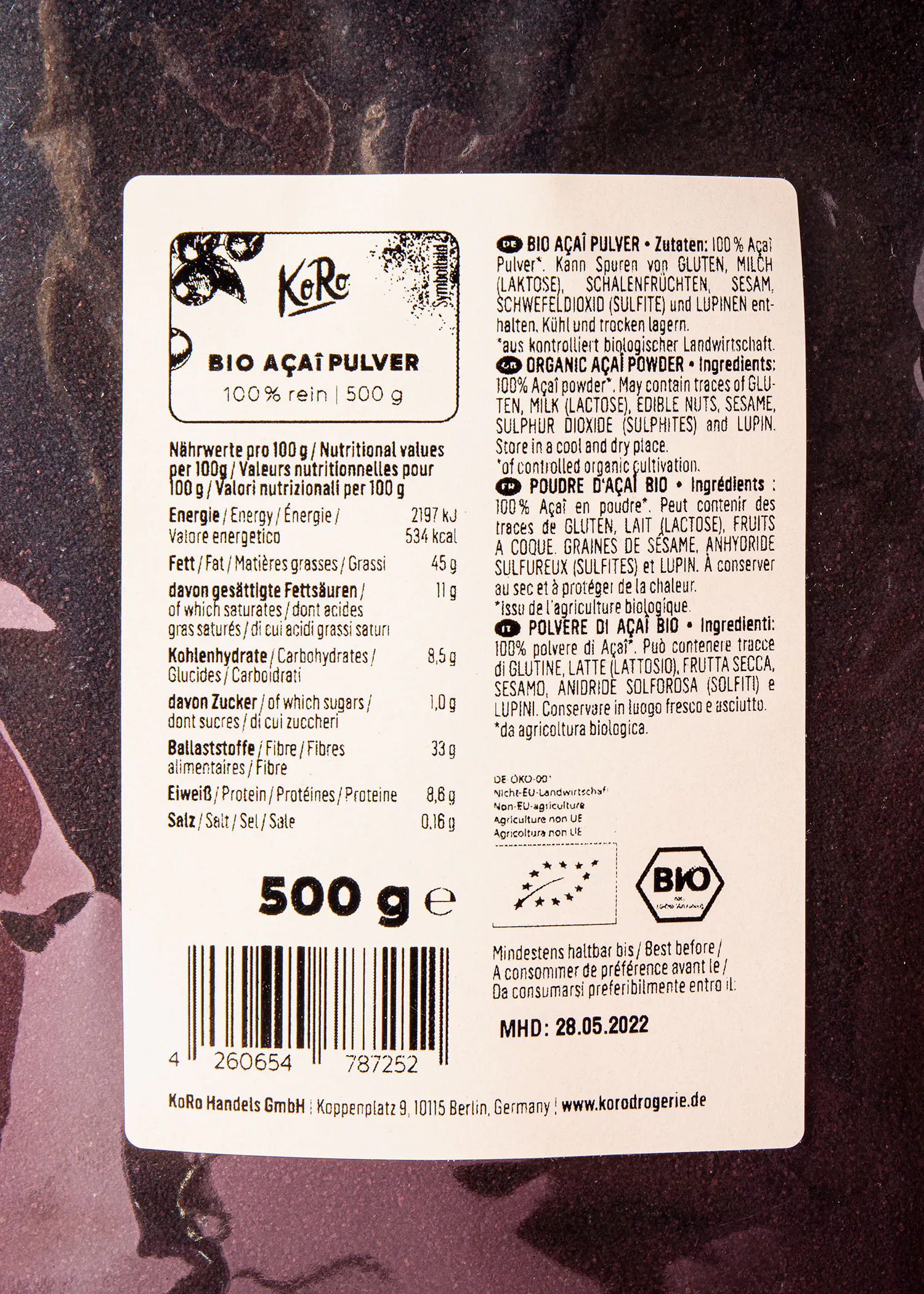 l' arrière d' une boîte de 500 g de poudre d' açai bio