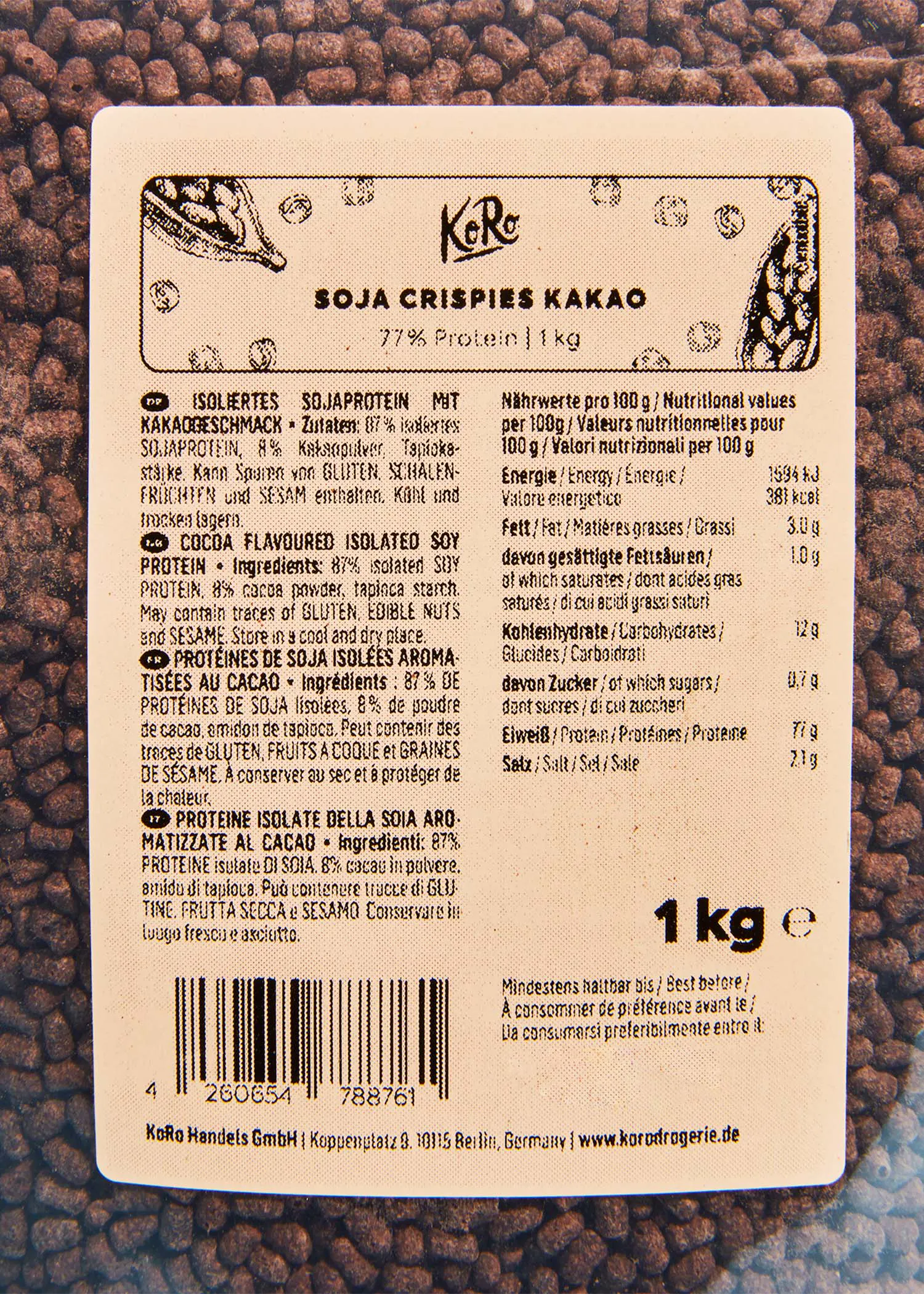 l' étiquette d' un sac de soja croustillante au cacao