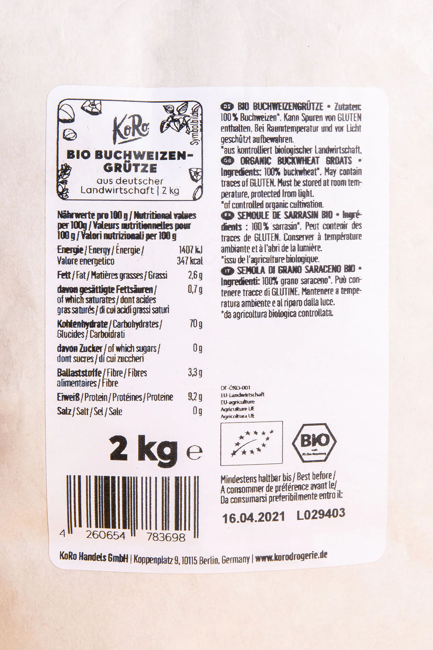 l' arrière d' une boîte de 2 kg de blé bio