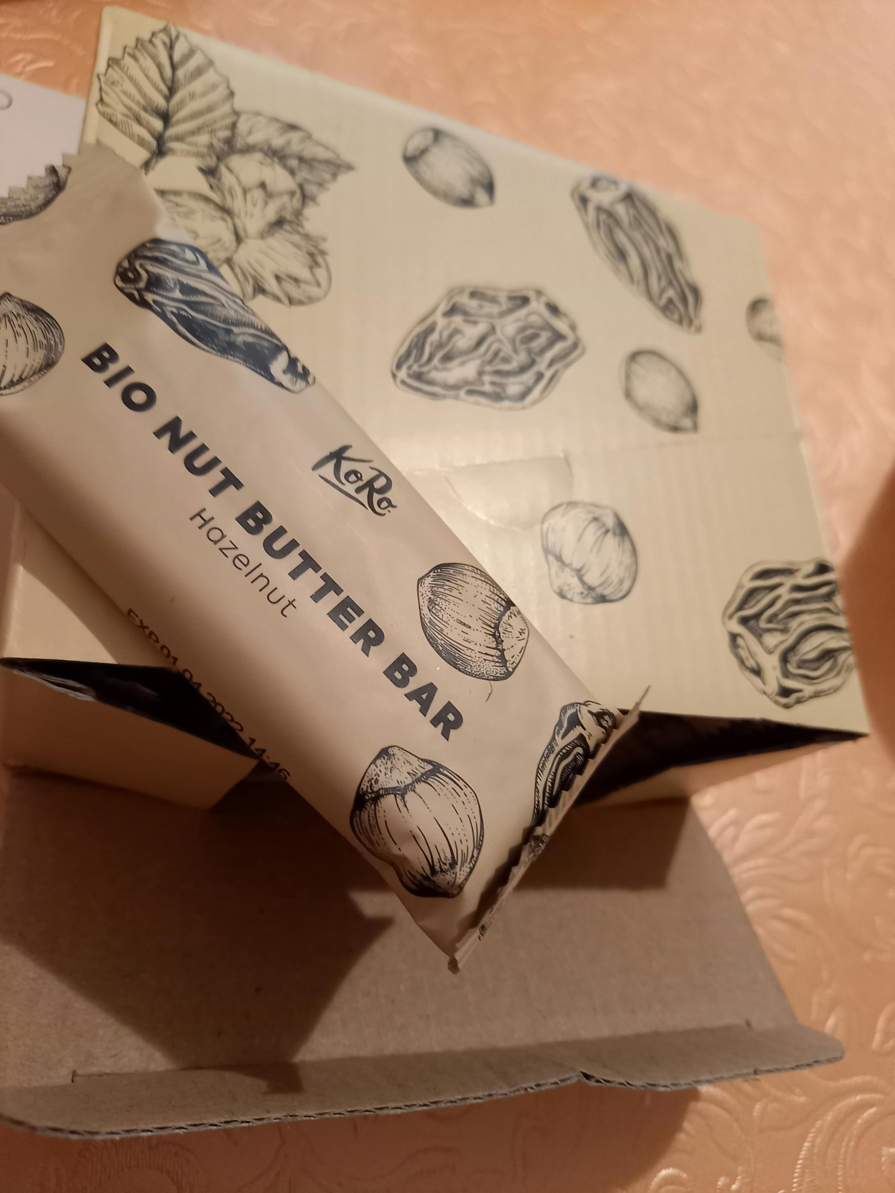 a hazelnut bio nut butter bar sits in a box