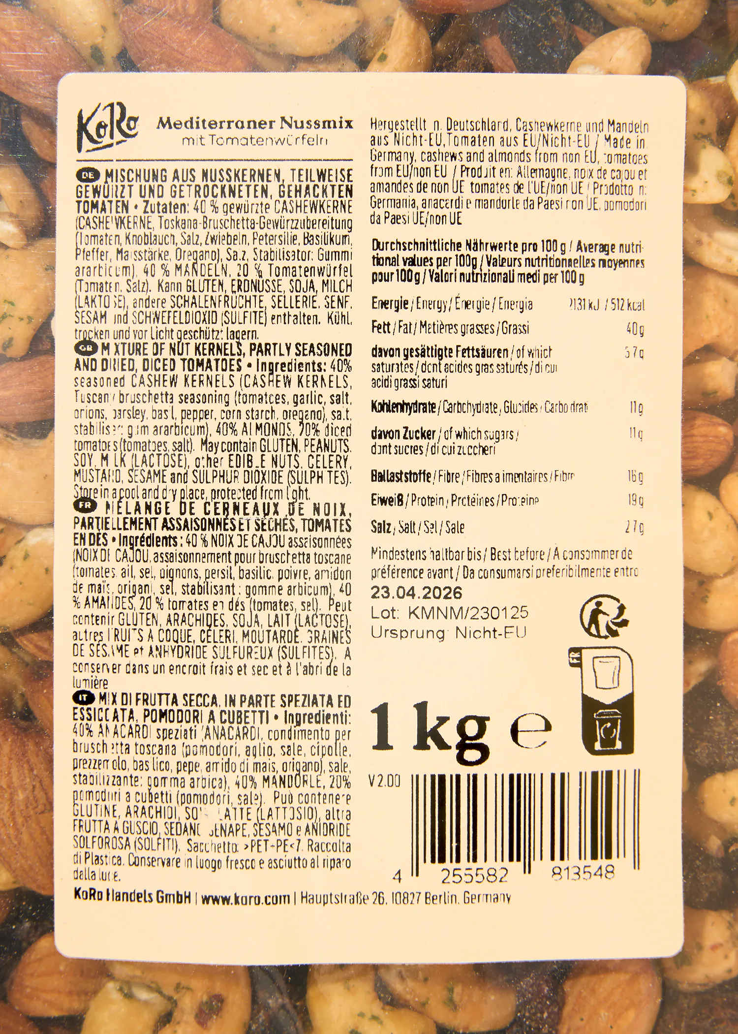 die Rückseite eines mediterranen Nussmix-Produkts