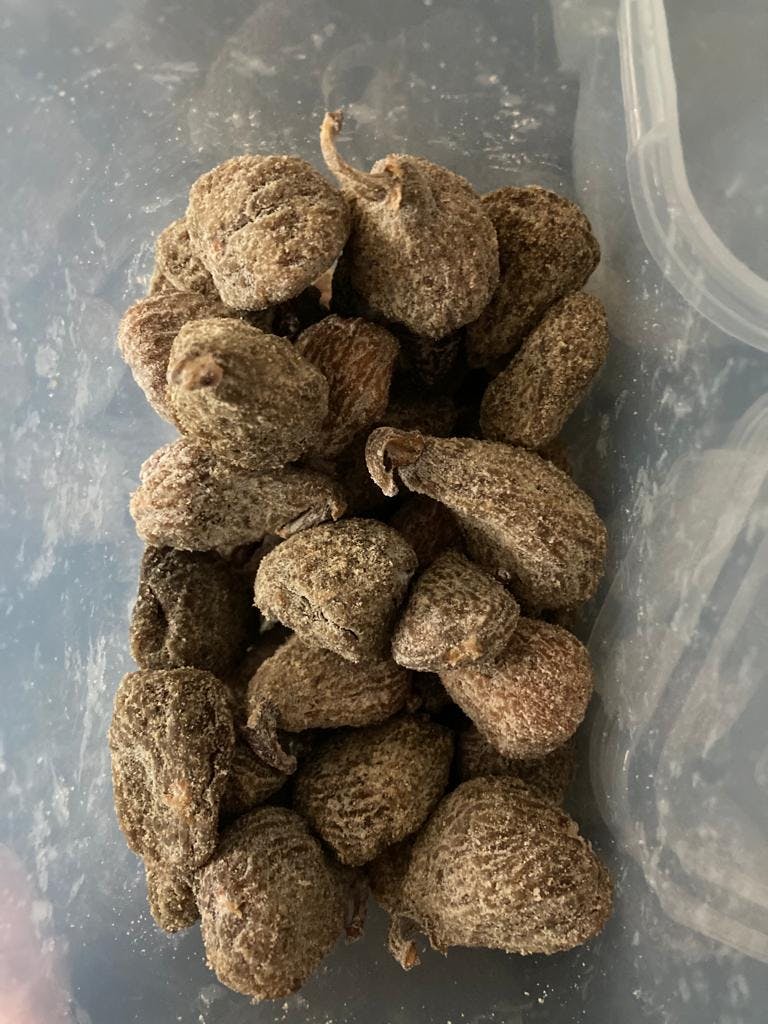 ein Plastikbehälter mit einem Haufen getrockneter Früchte darauf