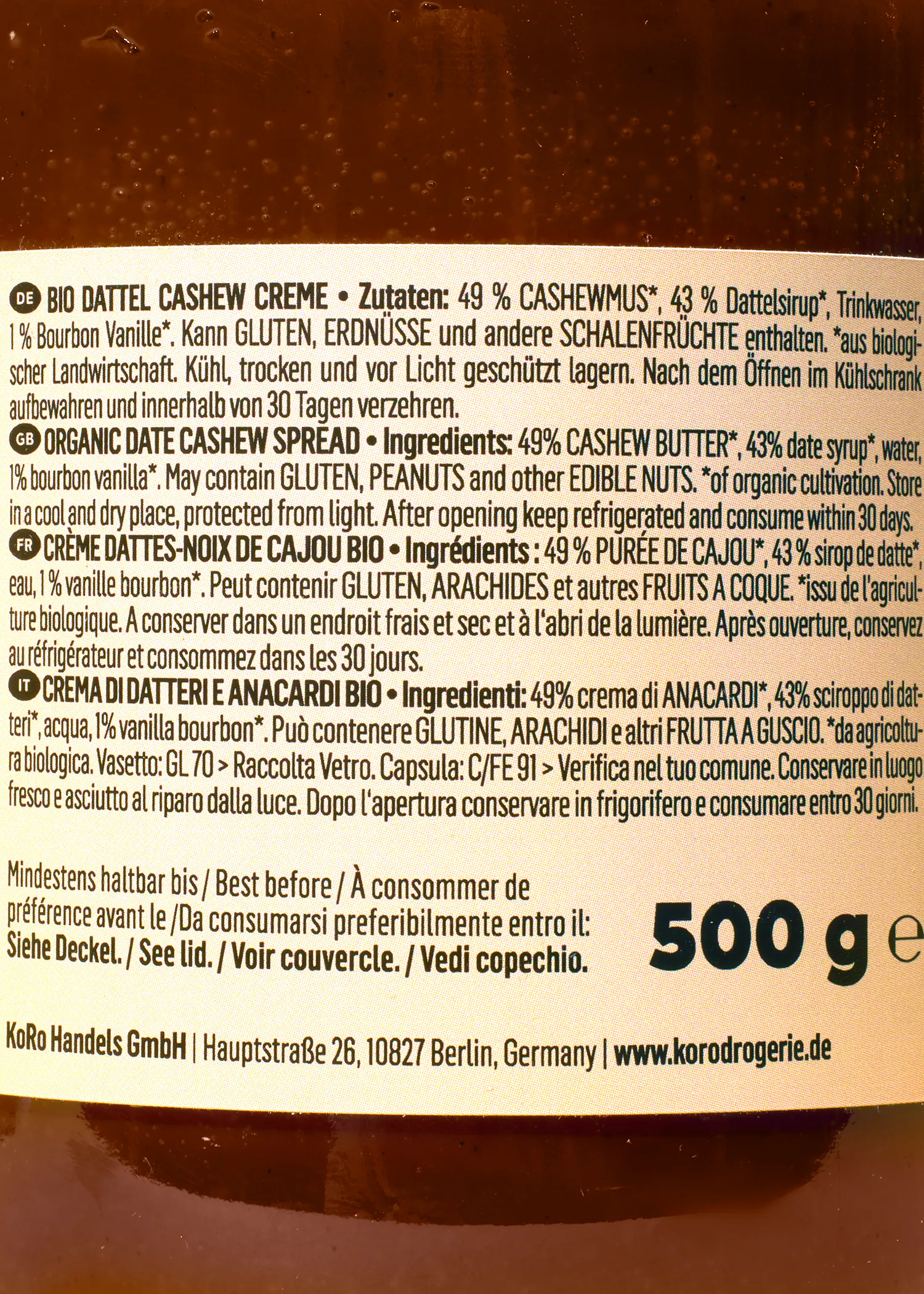 die rückseite einer 500g-dose bio dattel-cashew-creme