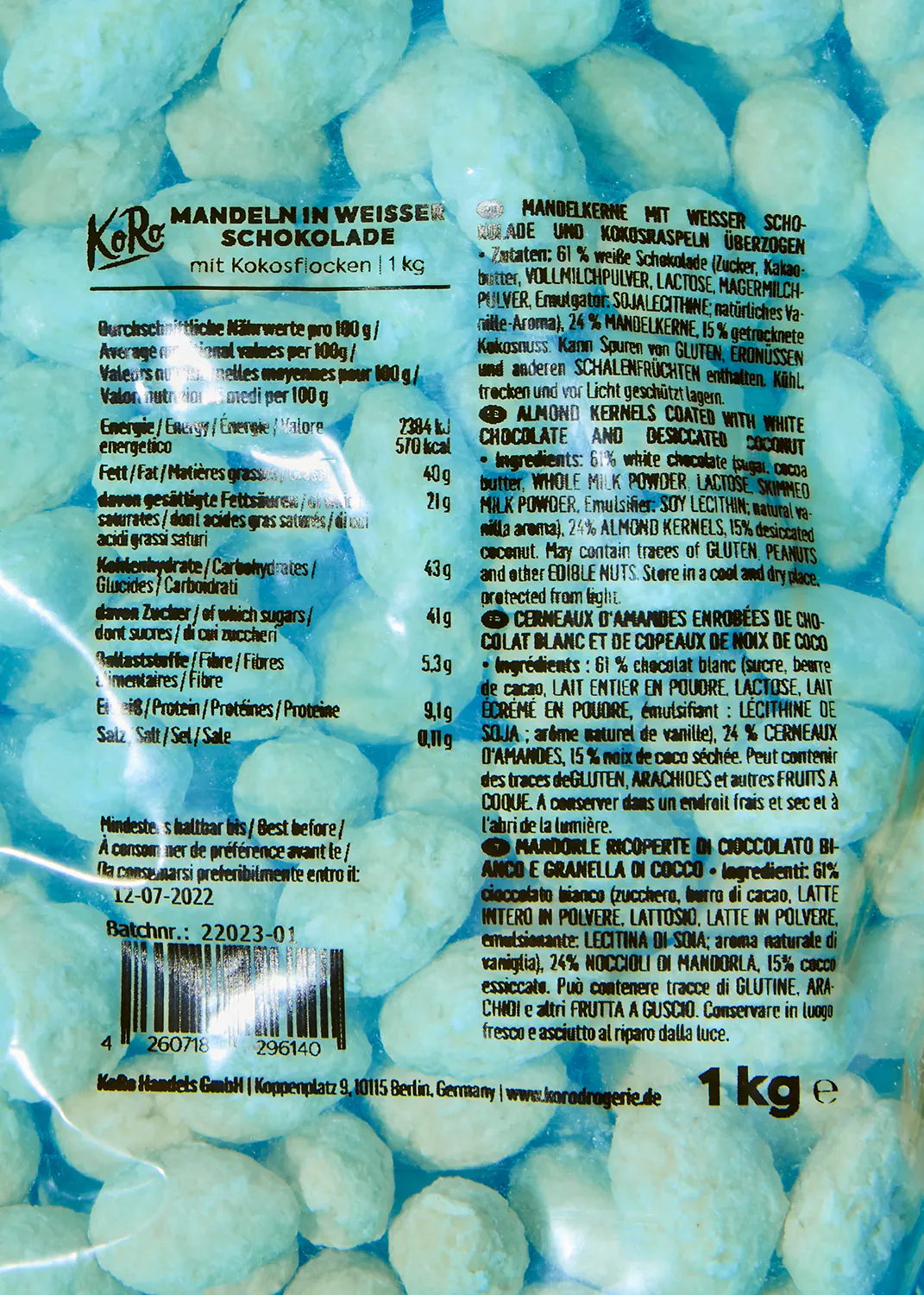 the back of a bag of mandeln in weisse chocolate