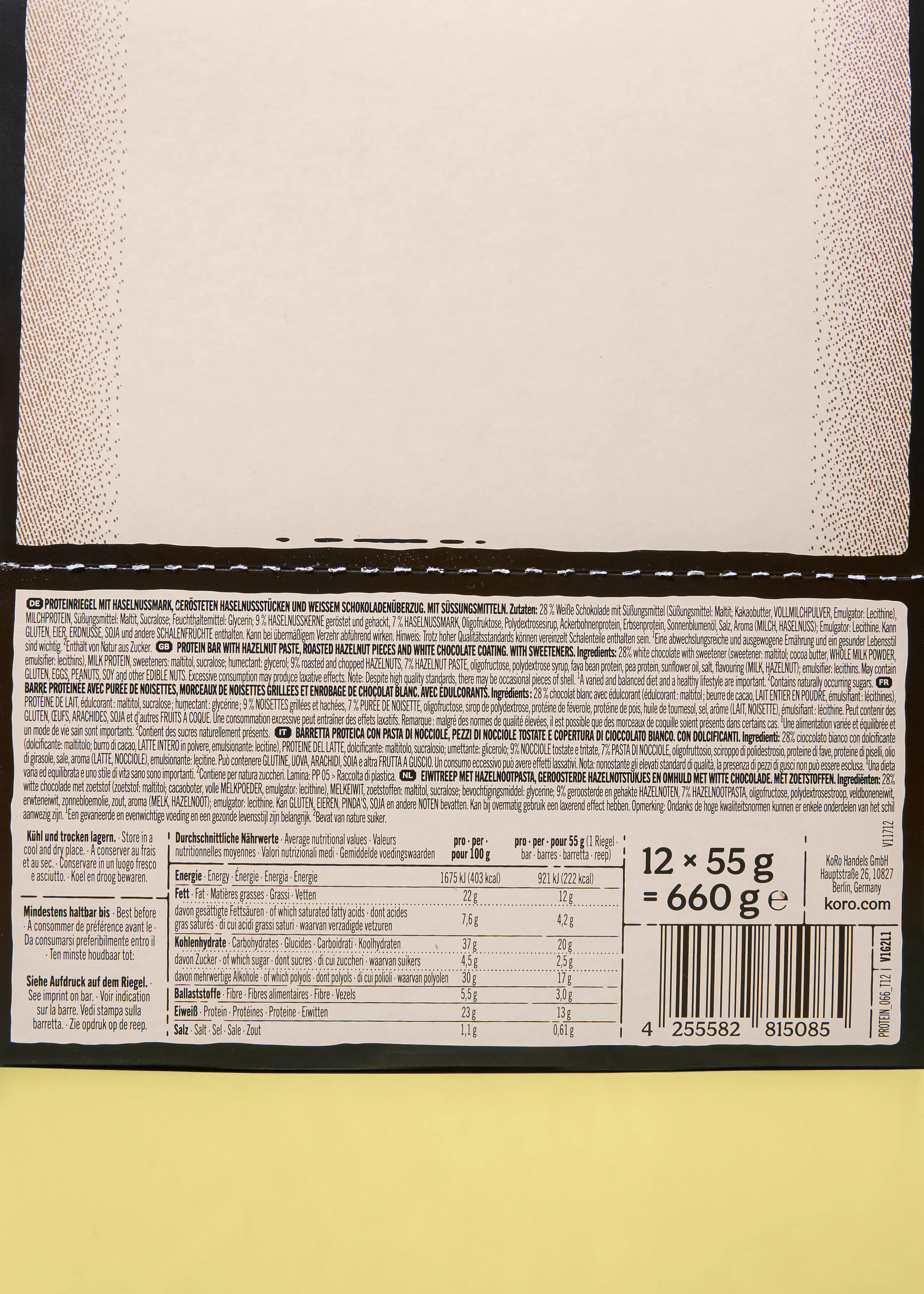 une étiquette de produit alimentaire affichant des informations nutritionnelles détaillées, des ingrédients en plusieurs langues, un code-barres et le logo koro.com.