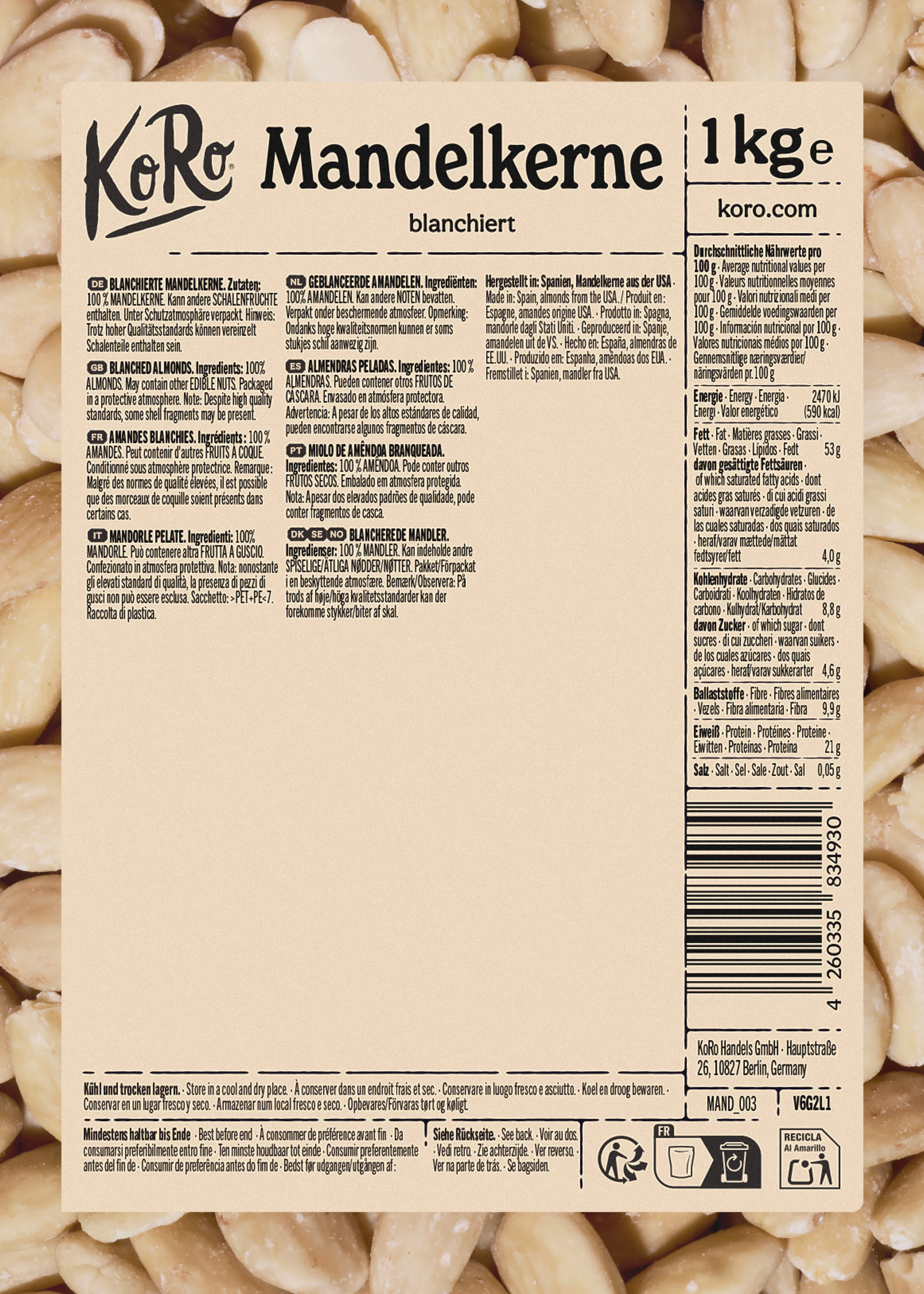 eine verpackung von koro blanchierten mandelkernen mit produktinformationen und nährwertangaben.