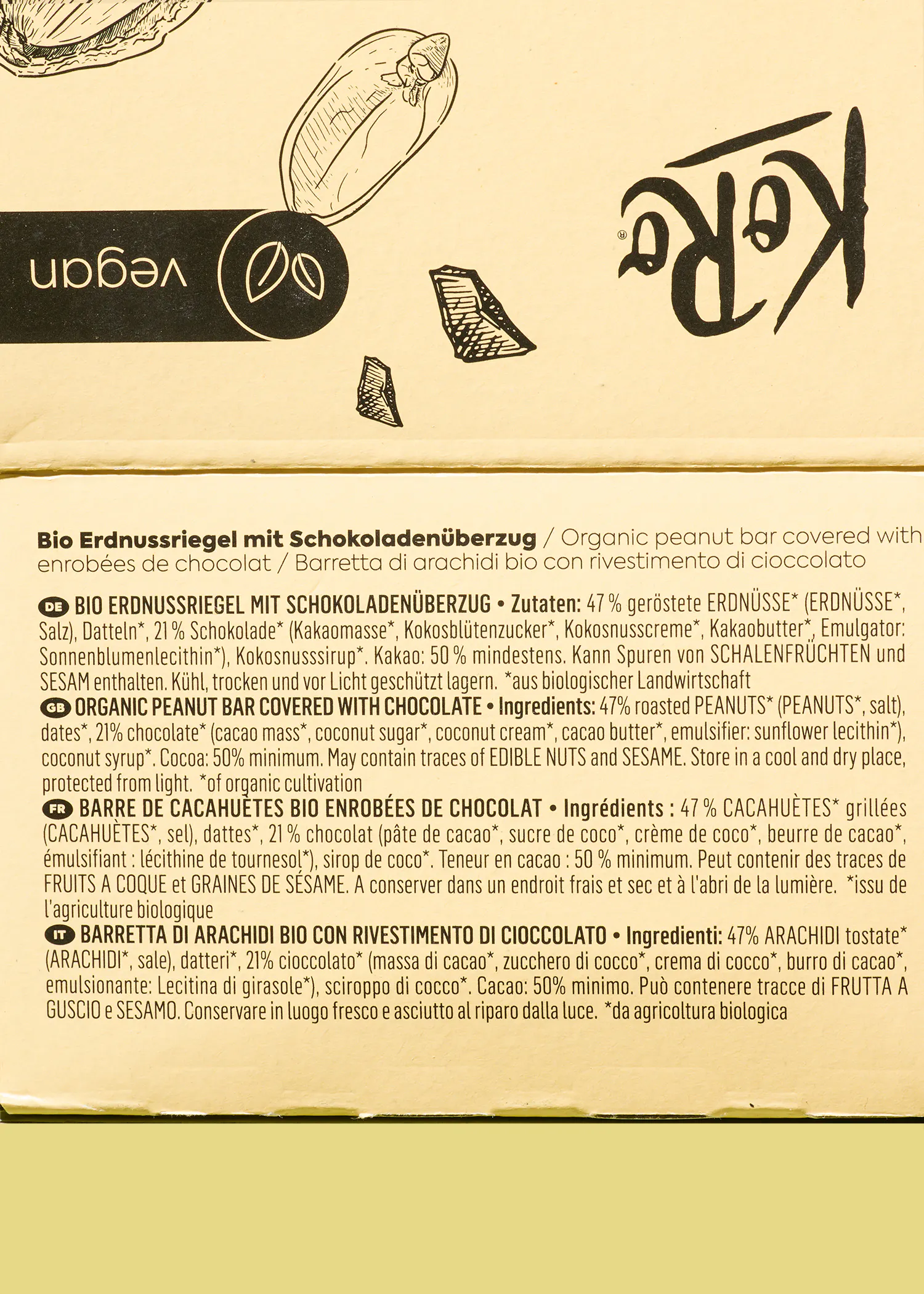 die rückseite einer erdnussriegel mit schokoladenüberzug