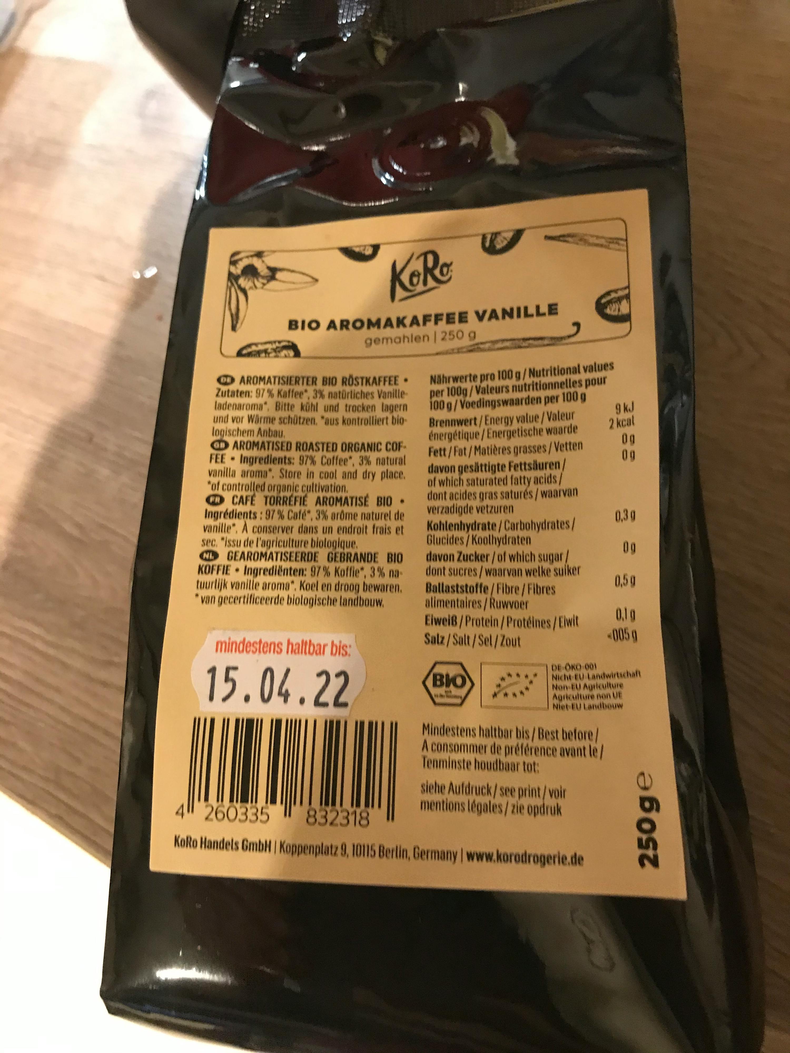 the back of a package of bio aromakaffee vanille coffee