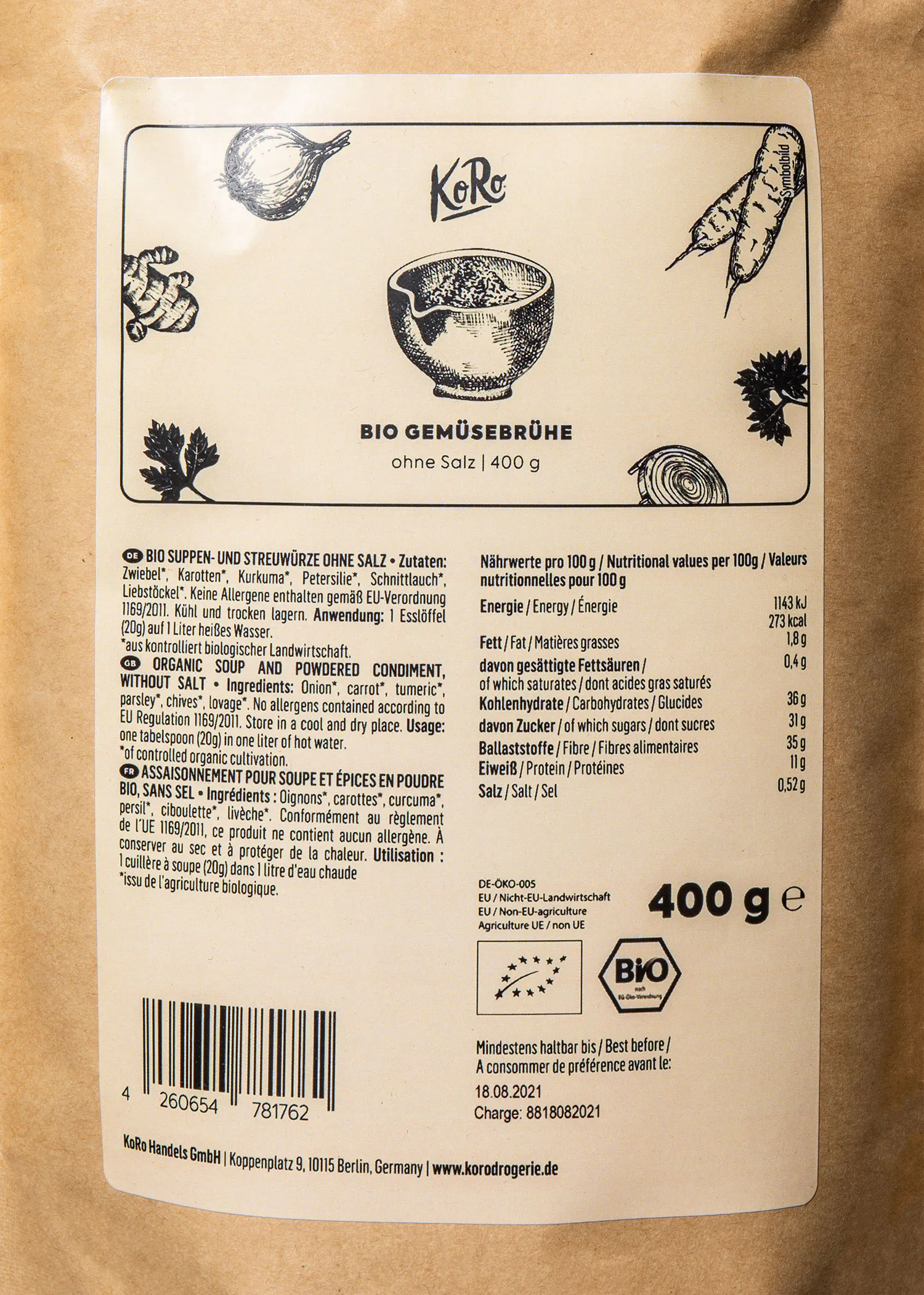 the back of a 400 g bag of bio soup and powdered condiments