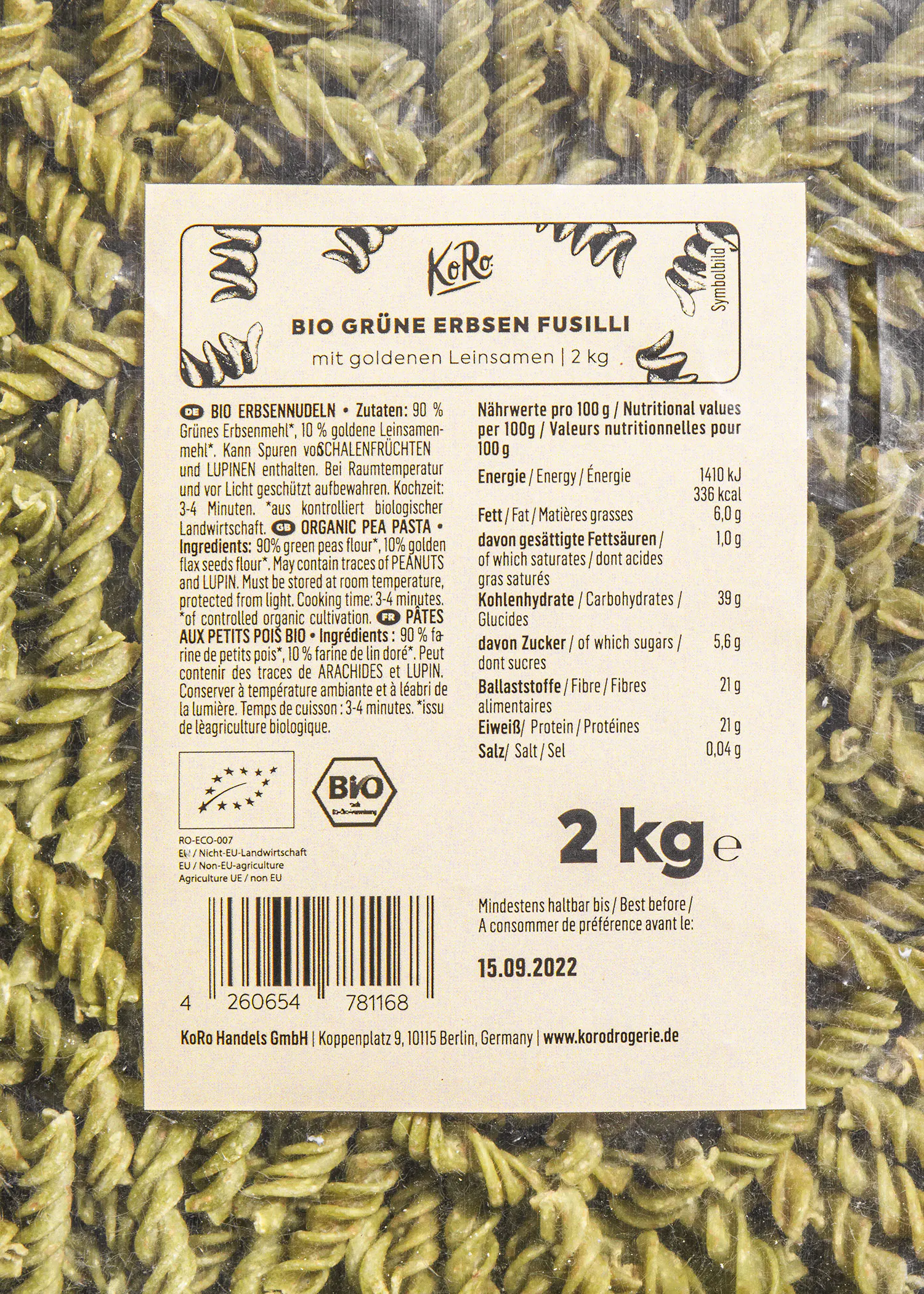 die rückseite einer packung bio grüne erbsen nudeln