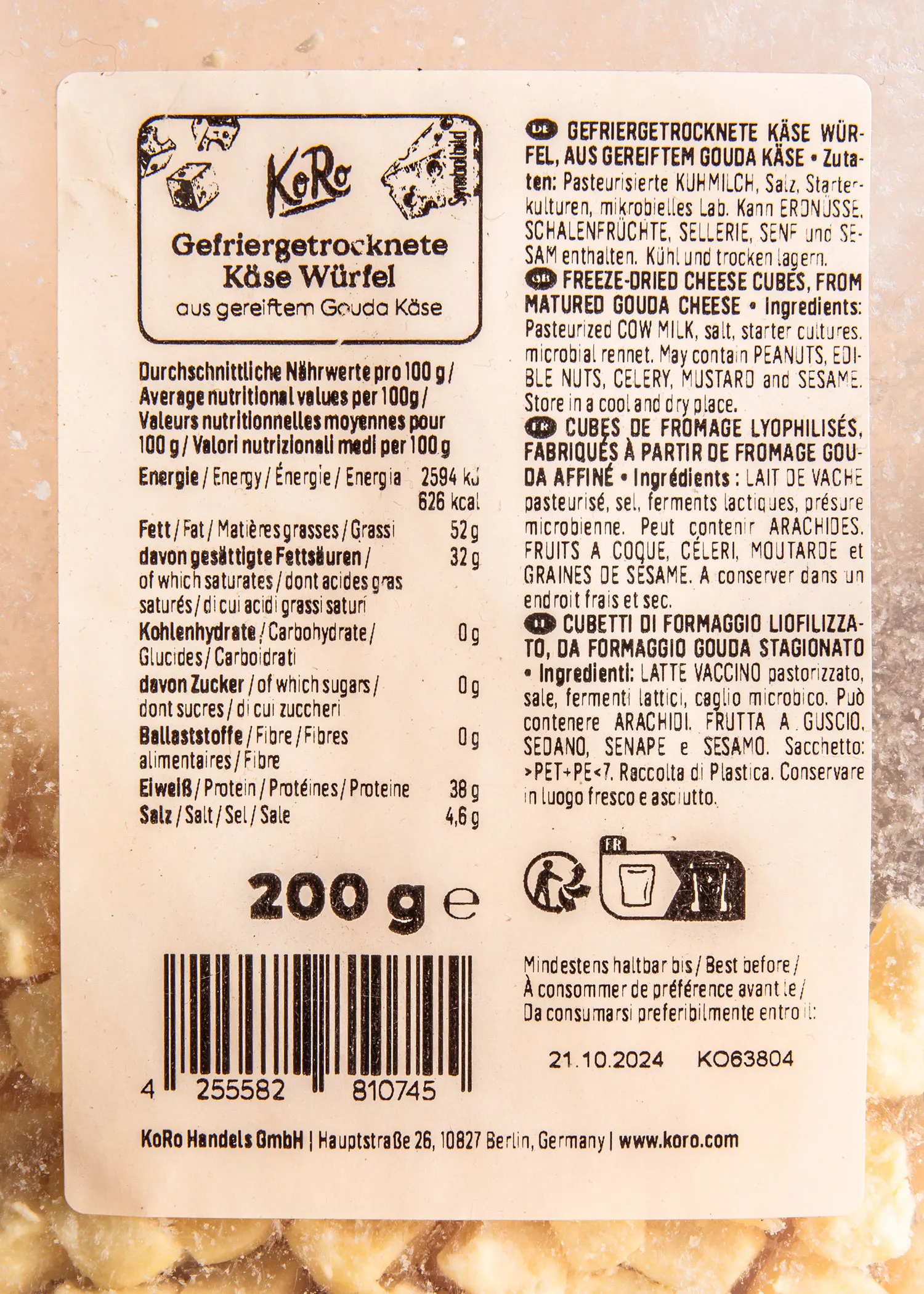 l' arrière d' une étiquette de 200 g de fromage