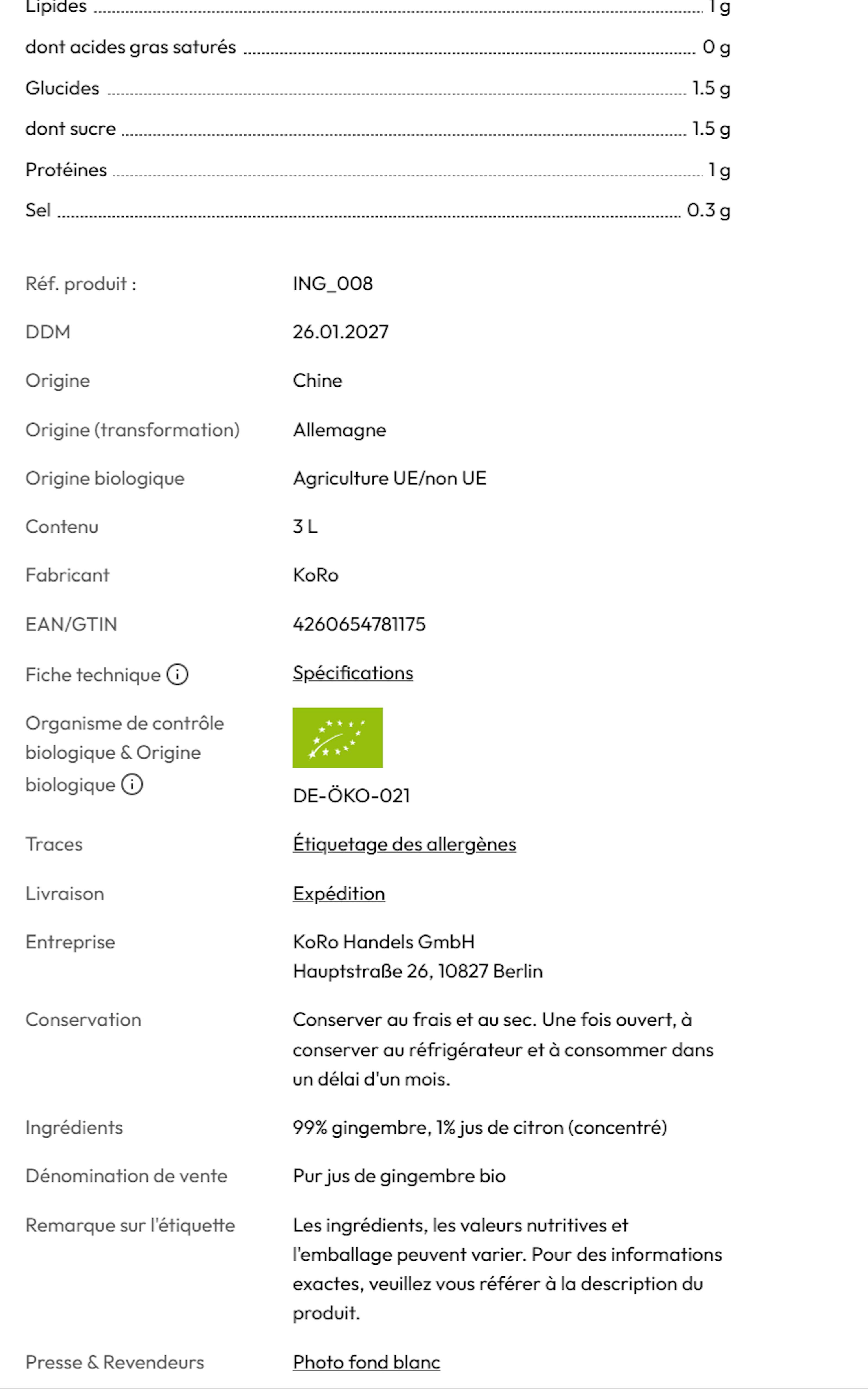 detaillierte produktinformationen mit nährwerten, herkunft, zutaten und lagerhinweisen.