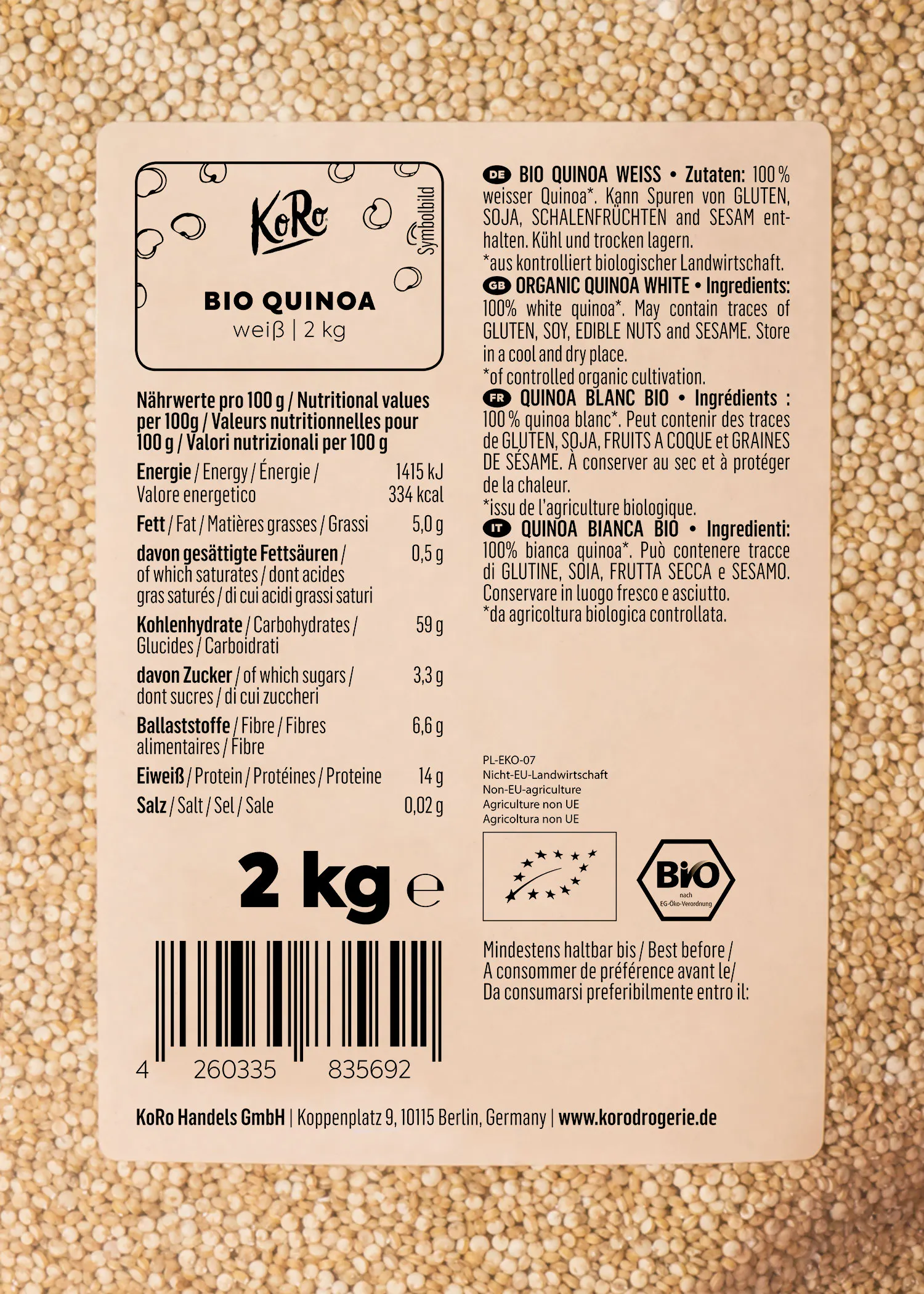 l' arrière d' une boîte de quinoa bio de 2 kg