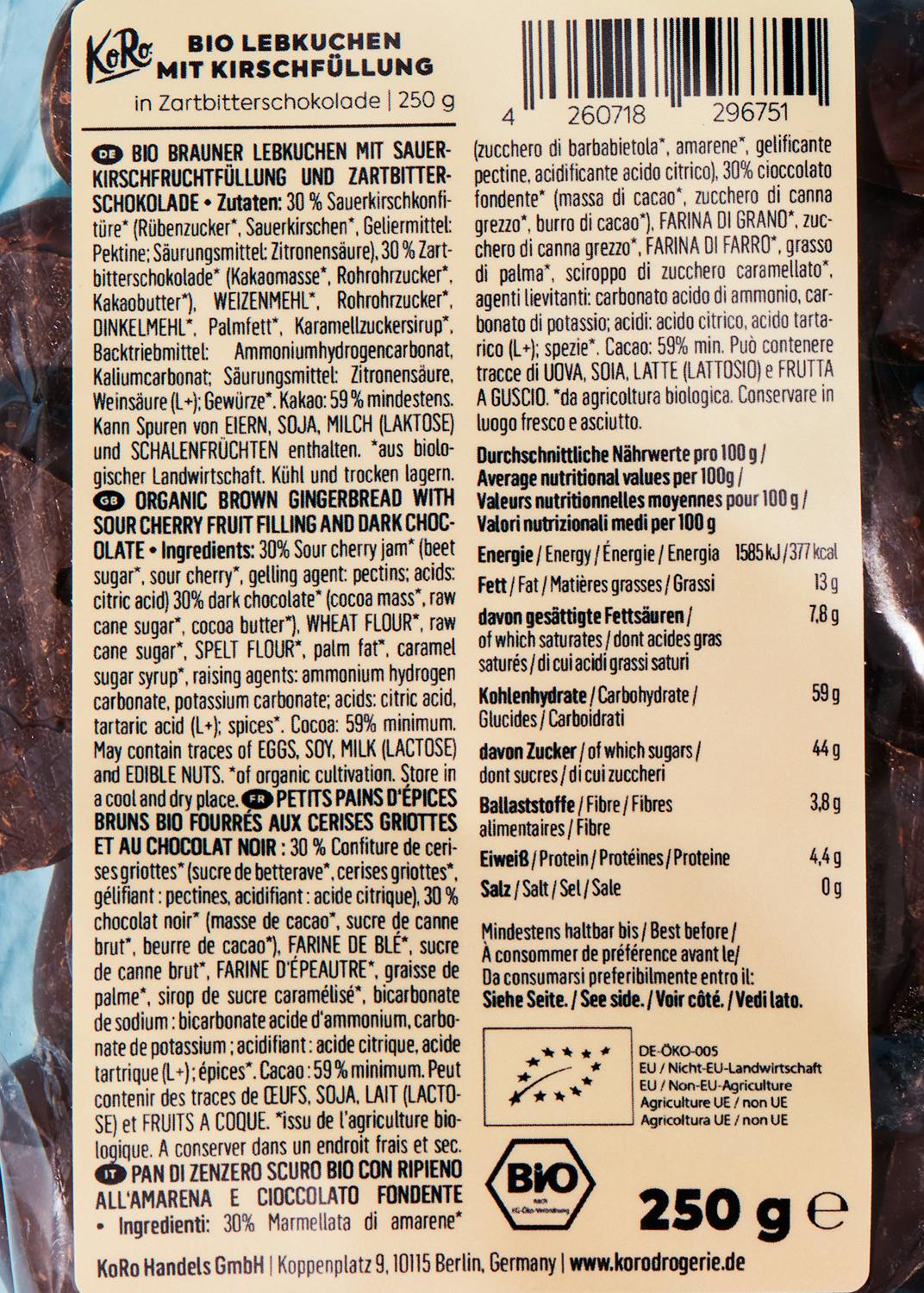 the back of a package of bio brown gingerbread with sour cherry jam