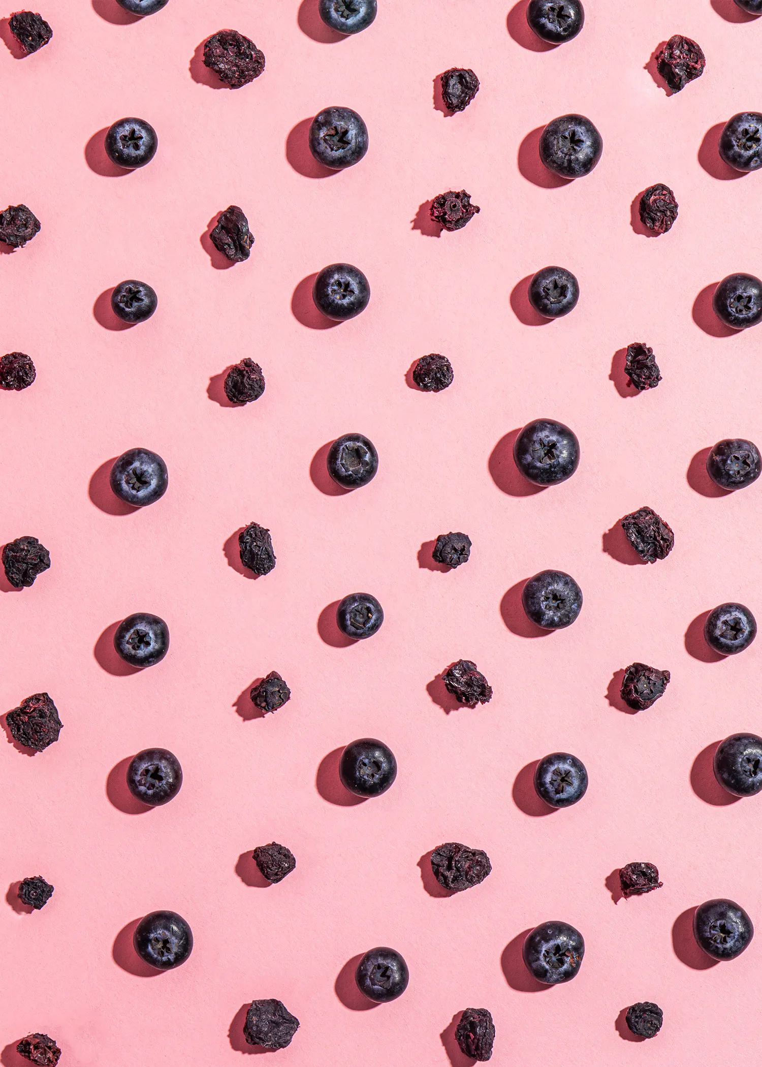 un motif de bleuets et de myrtilles séchées sur fond rose