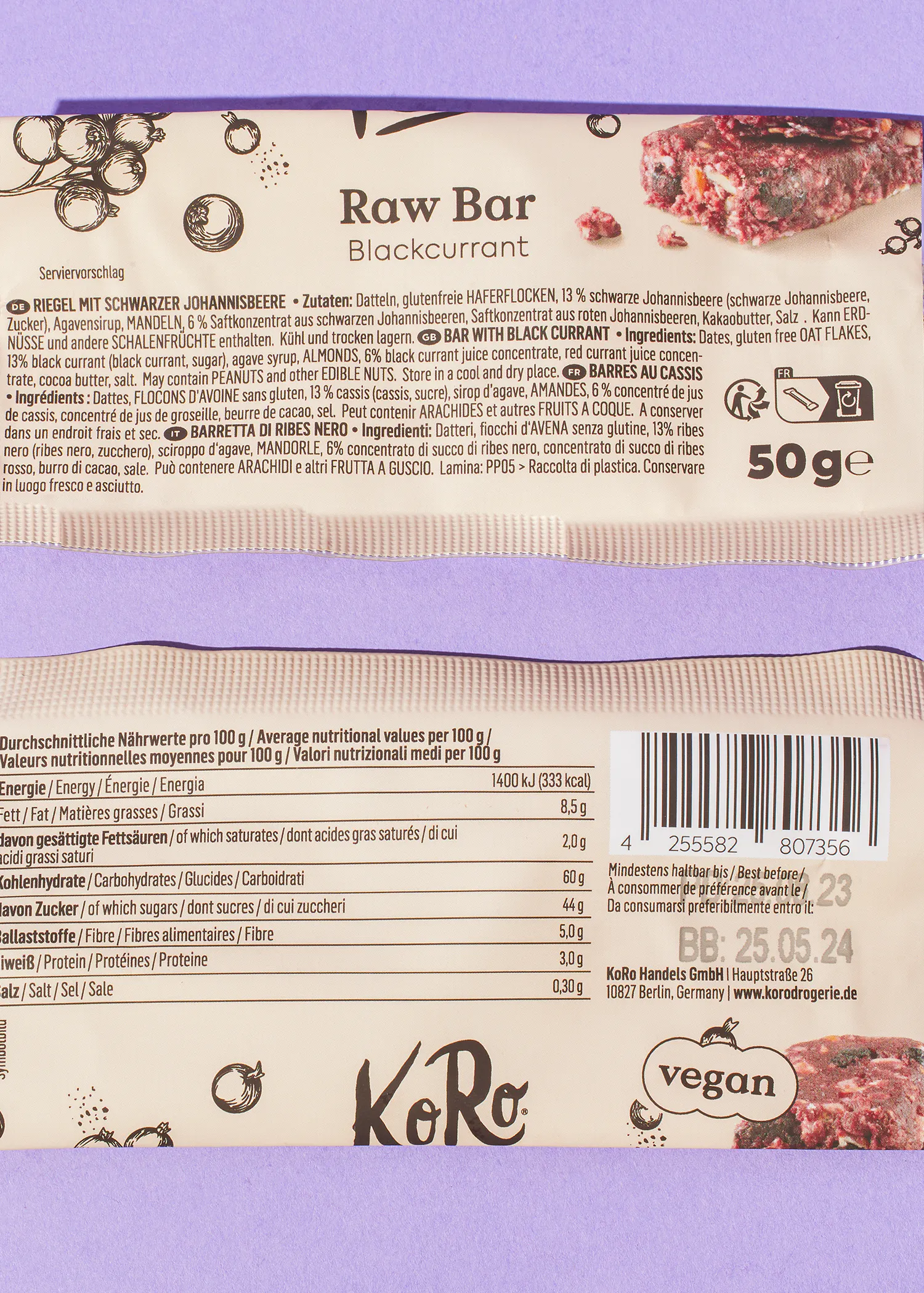 Barre de céréales crue au cassis vegan 50 g