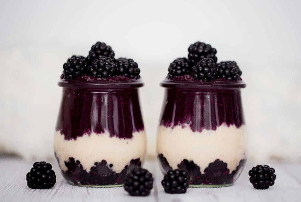 Blackberry and chia pudding with macadamia date cream