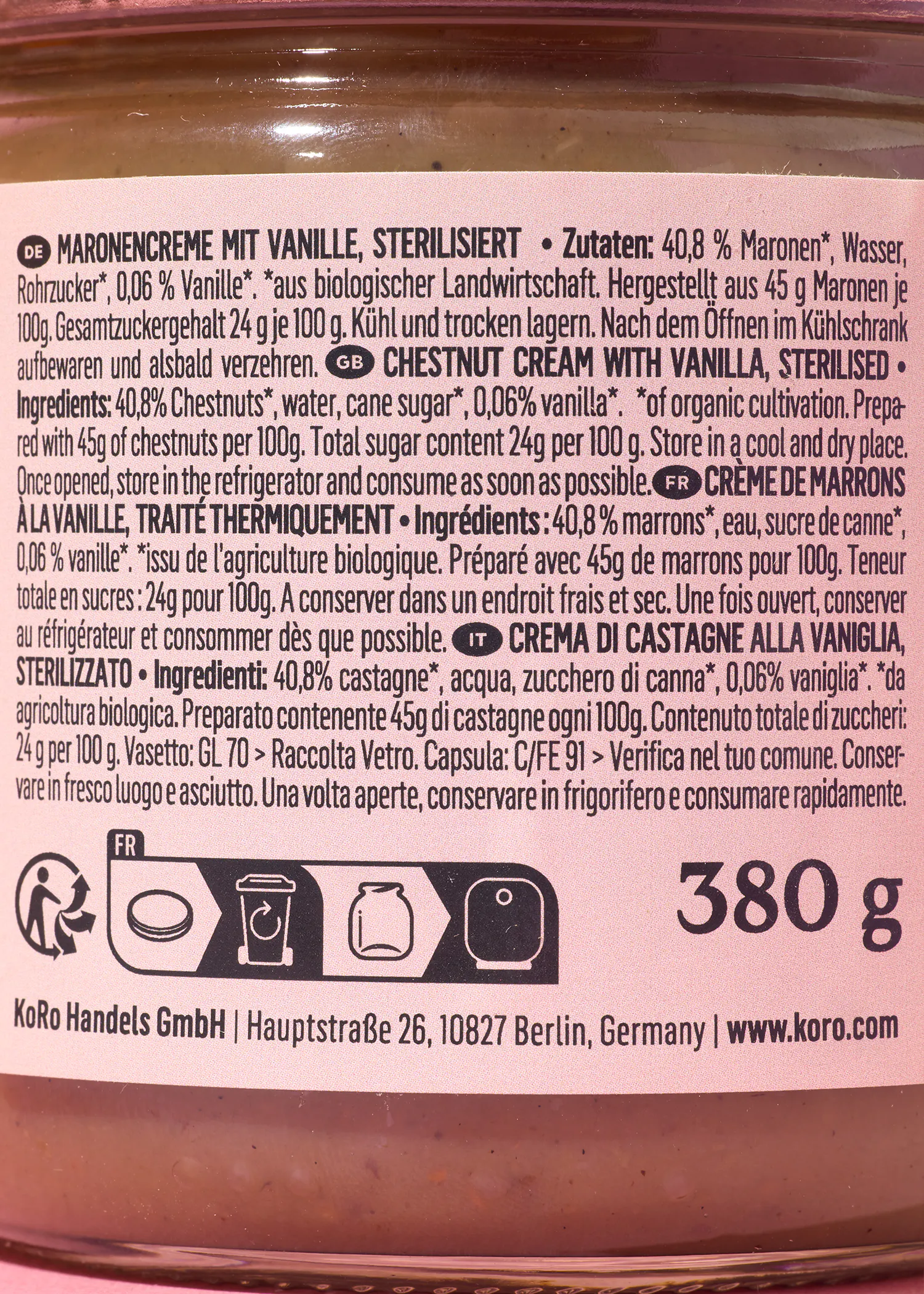 die Rückseite eines Glases Maronicreme mit Vanille